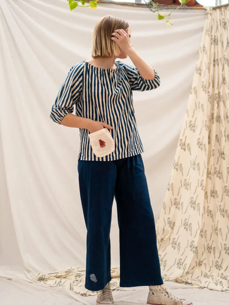 Peasant Top - Indigo Stripe & Hand Print