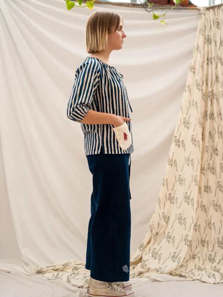 Peasant Top - Indigo Stripe & Hand Print