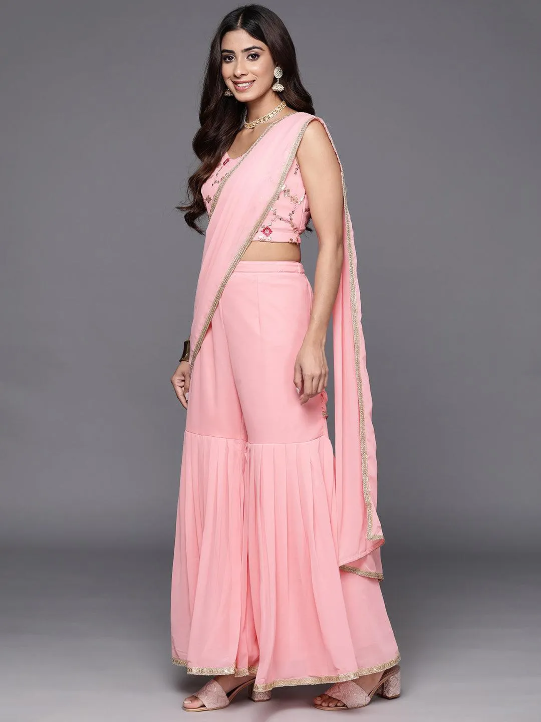 Pink Embellished Georgette Stitched Saree