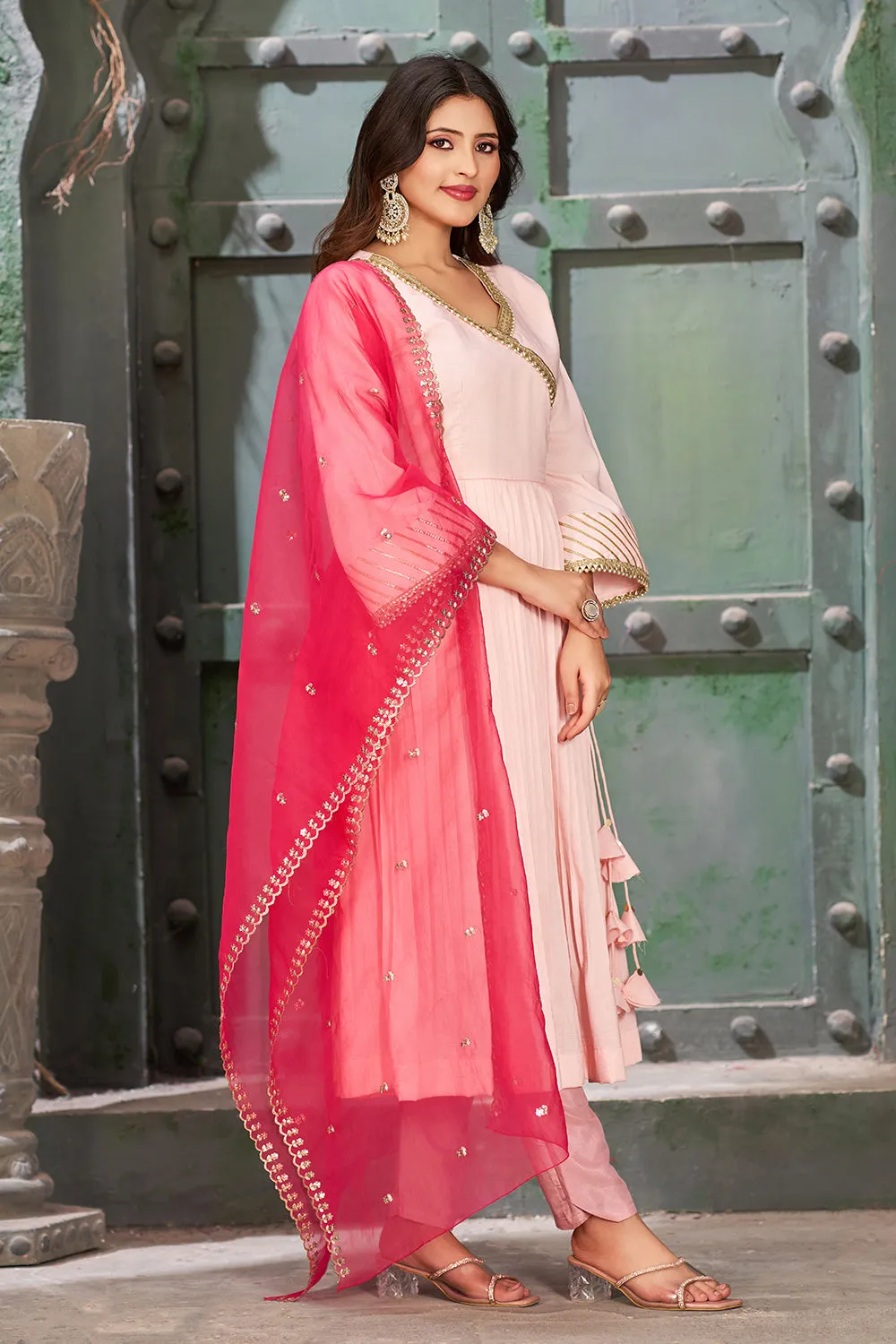 Pink Peach Art Silk Angrakha Neck Kurta Set with Trousers and Dupatta