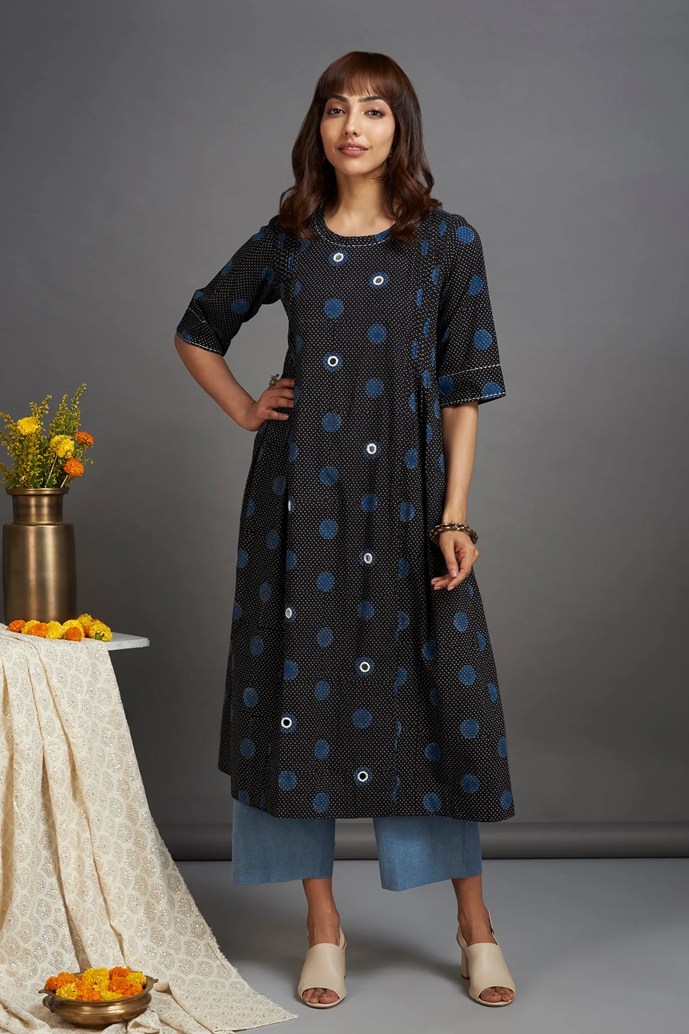 pintuck a-line kurta - stellar sky & polka dots