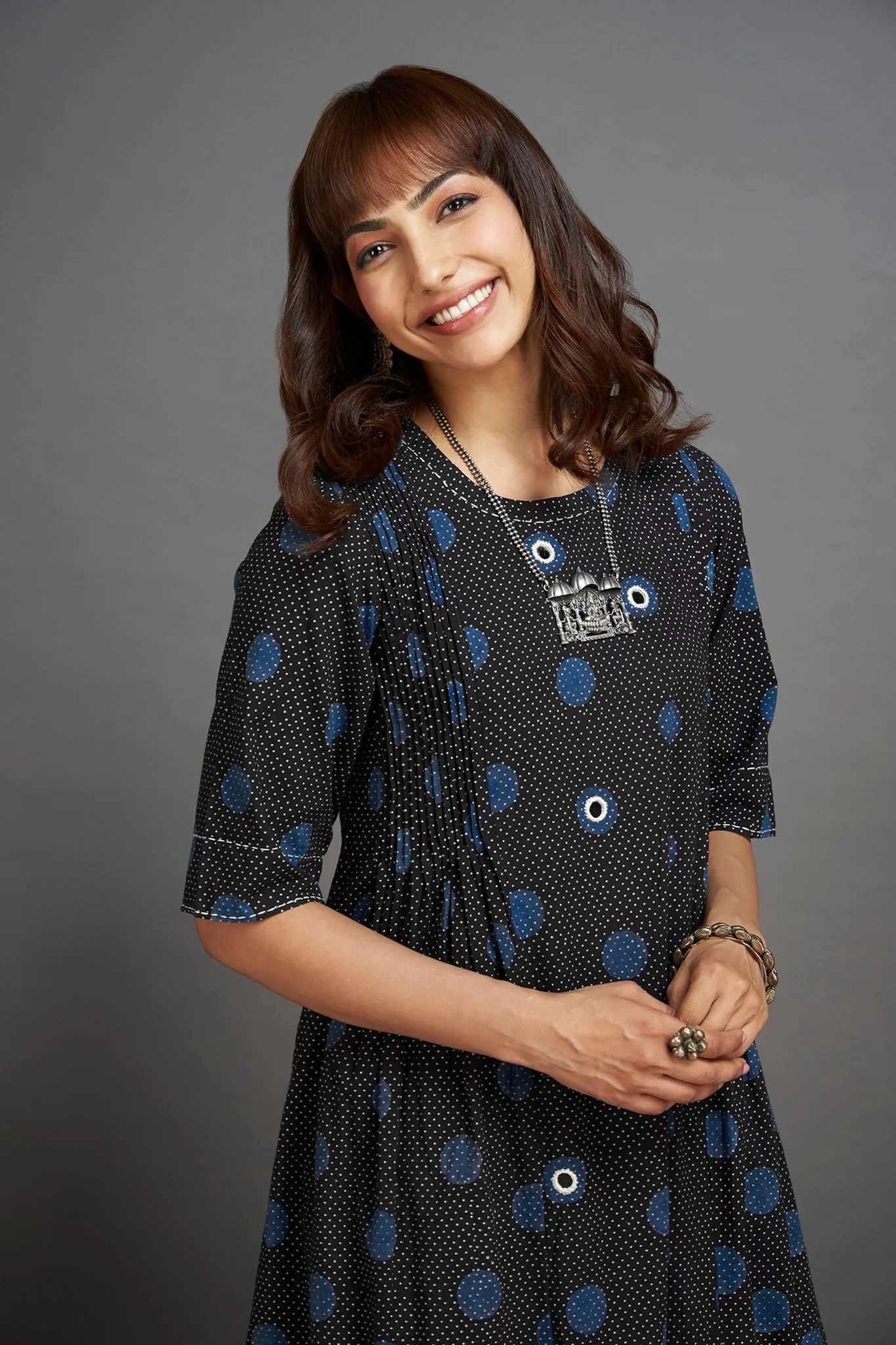 pintuck a-line kurta - stellar sky & polka dots