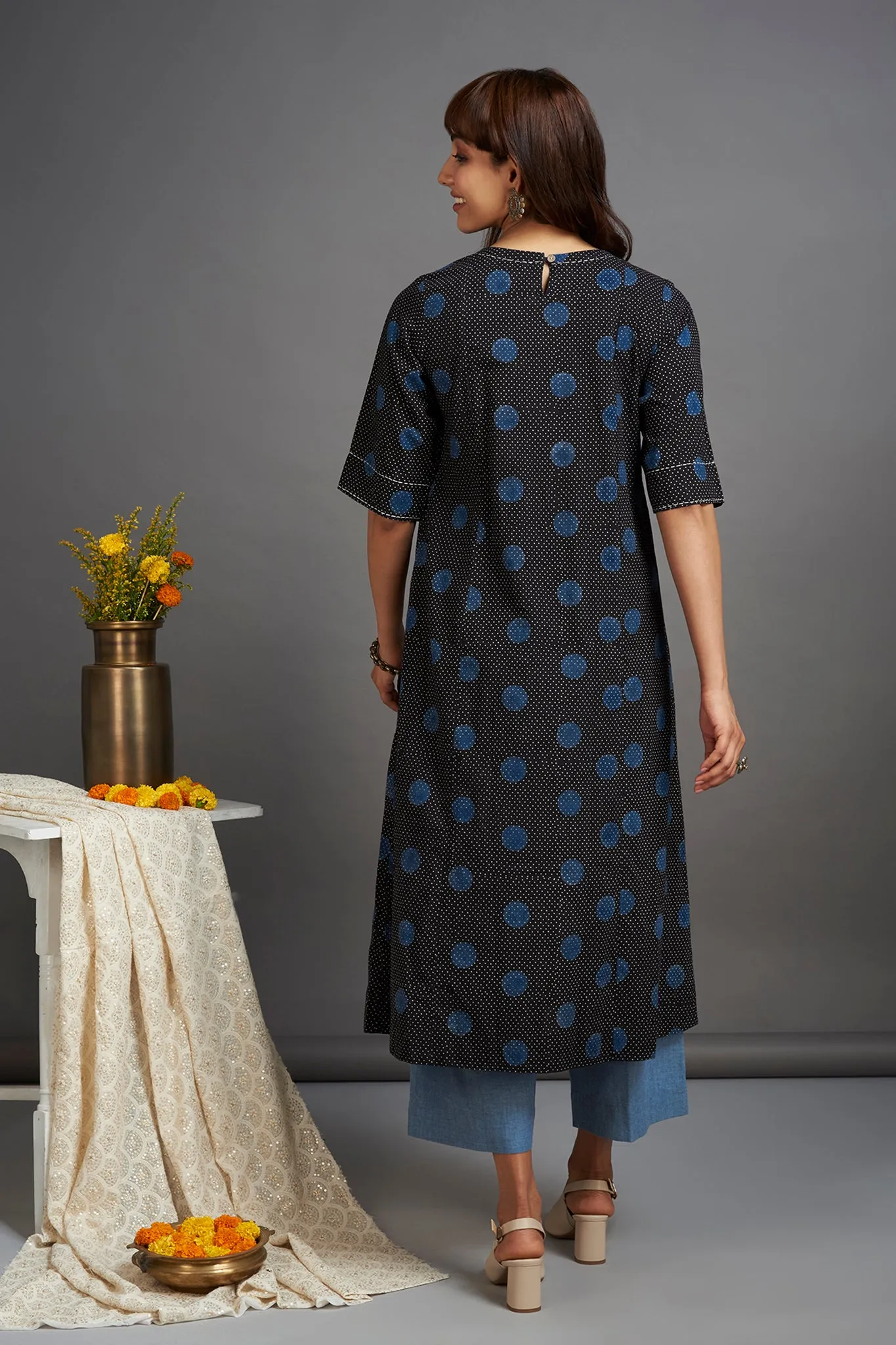 pintuck a-line kurta - stellar sky & polka dots