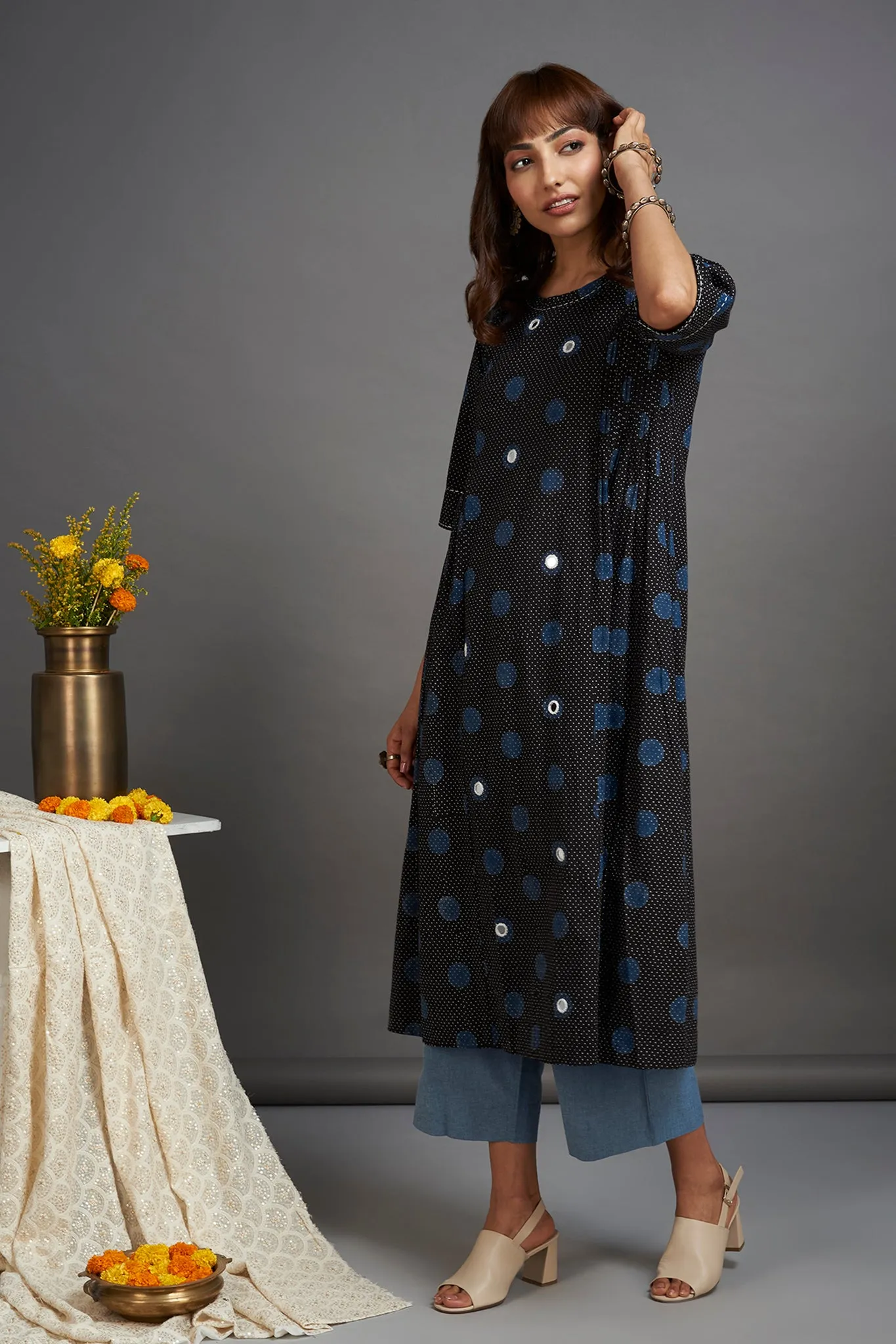 pintuck a-line kurta - stellar sky & polka dots