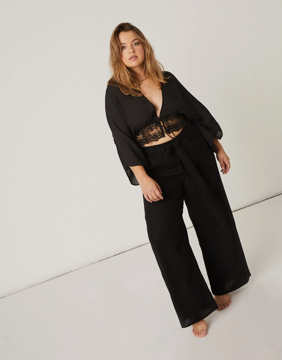 Plus Size Belted Linen Pants