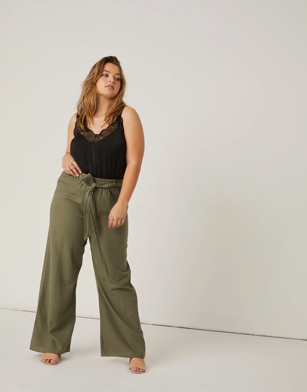 Plus Size Belted Linen Pants