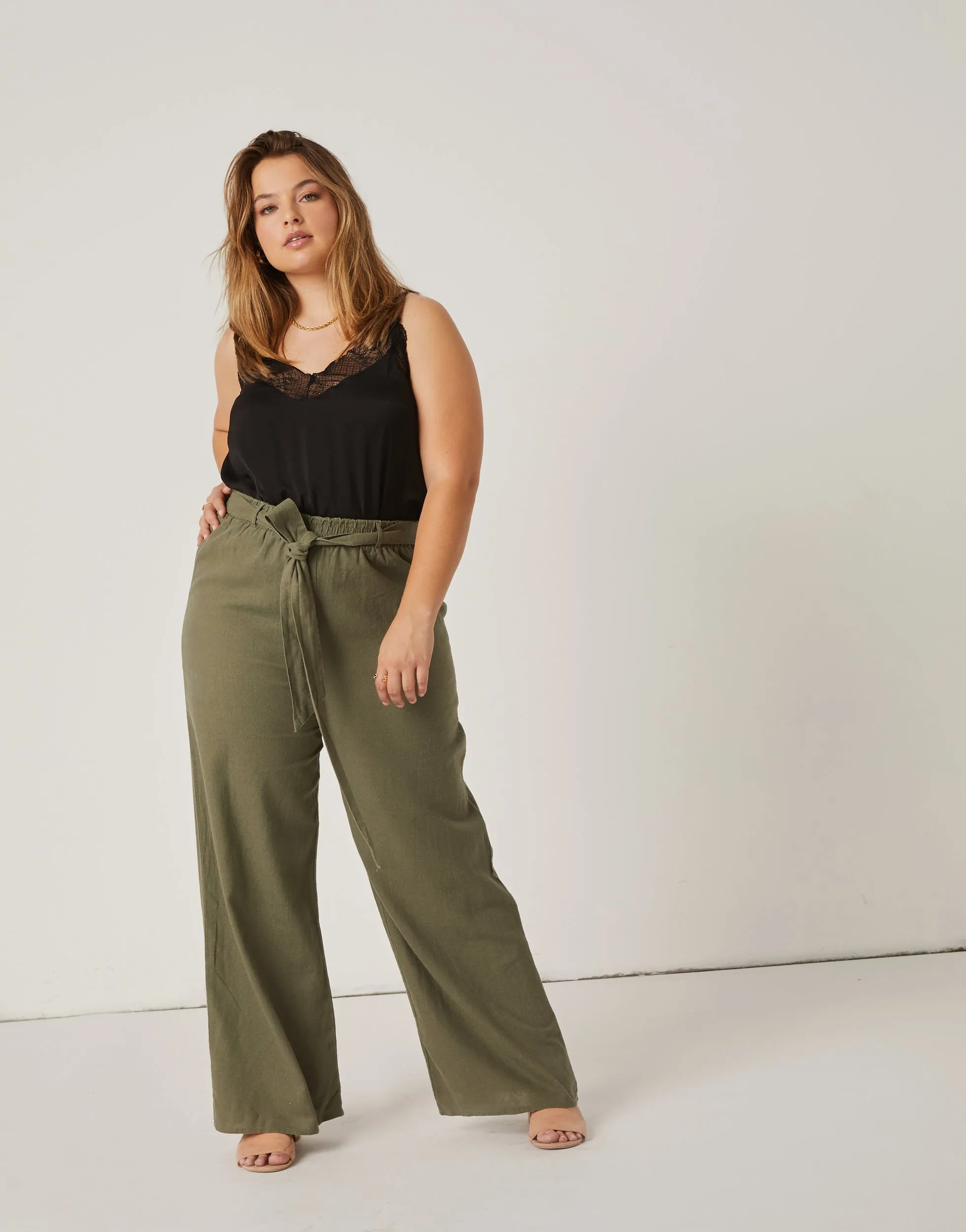 Plus Size Belted Linen Pants