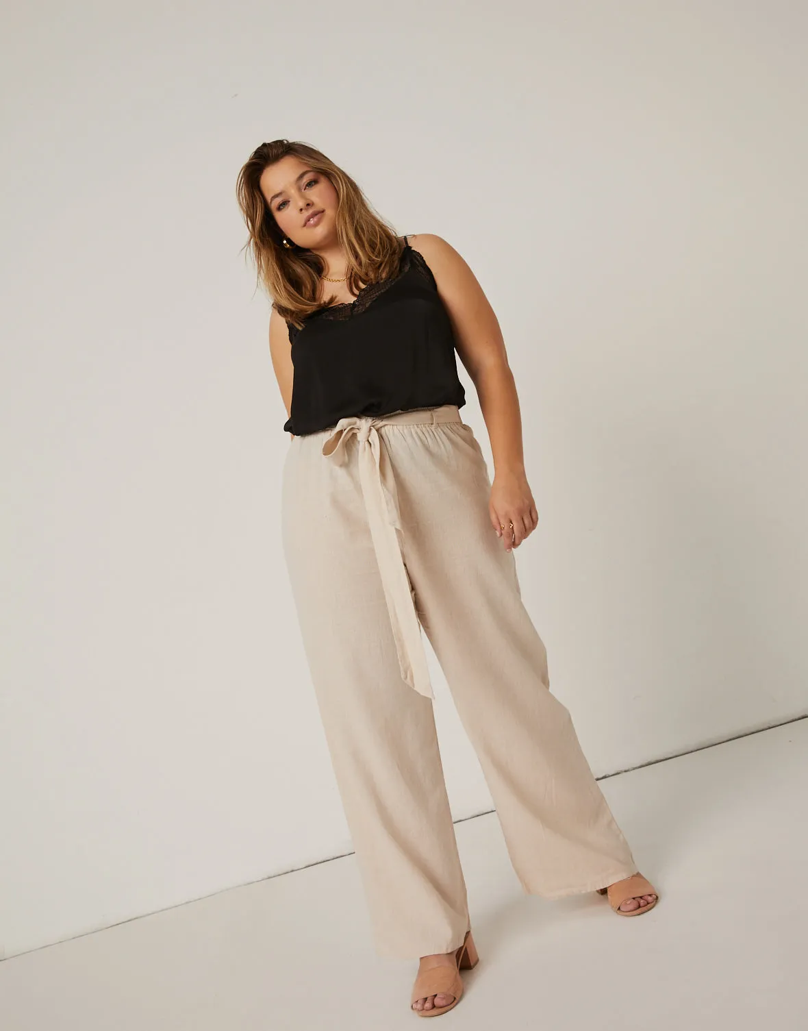 Plus Size Belted Linen Pants