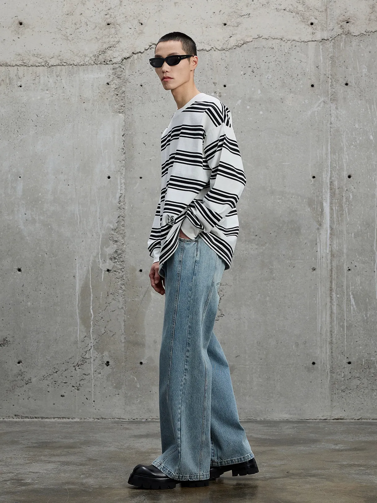 Pre and Post-Wash Pleated Flared Denim Pants