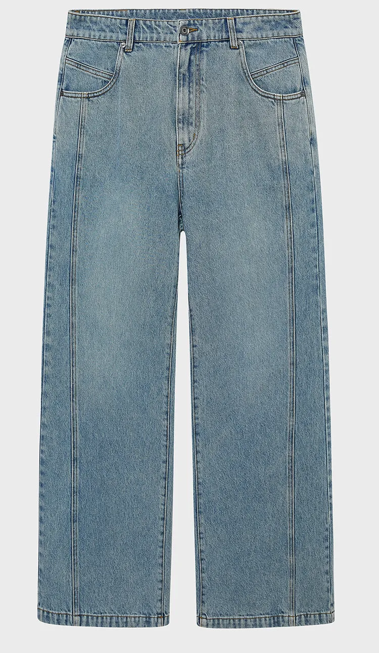 Pre and Post-Wash Pleated Flared Denim Pants