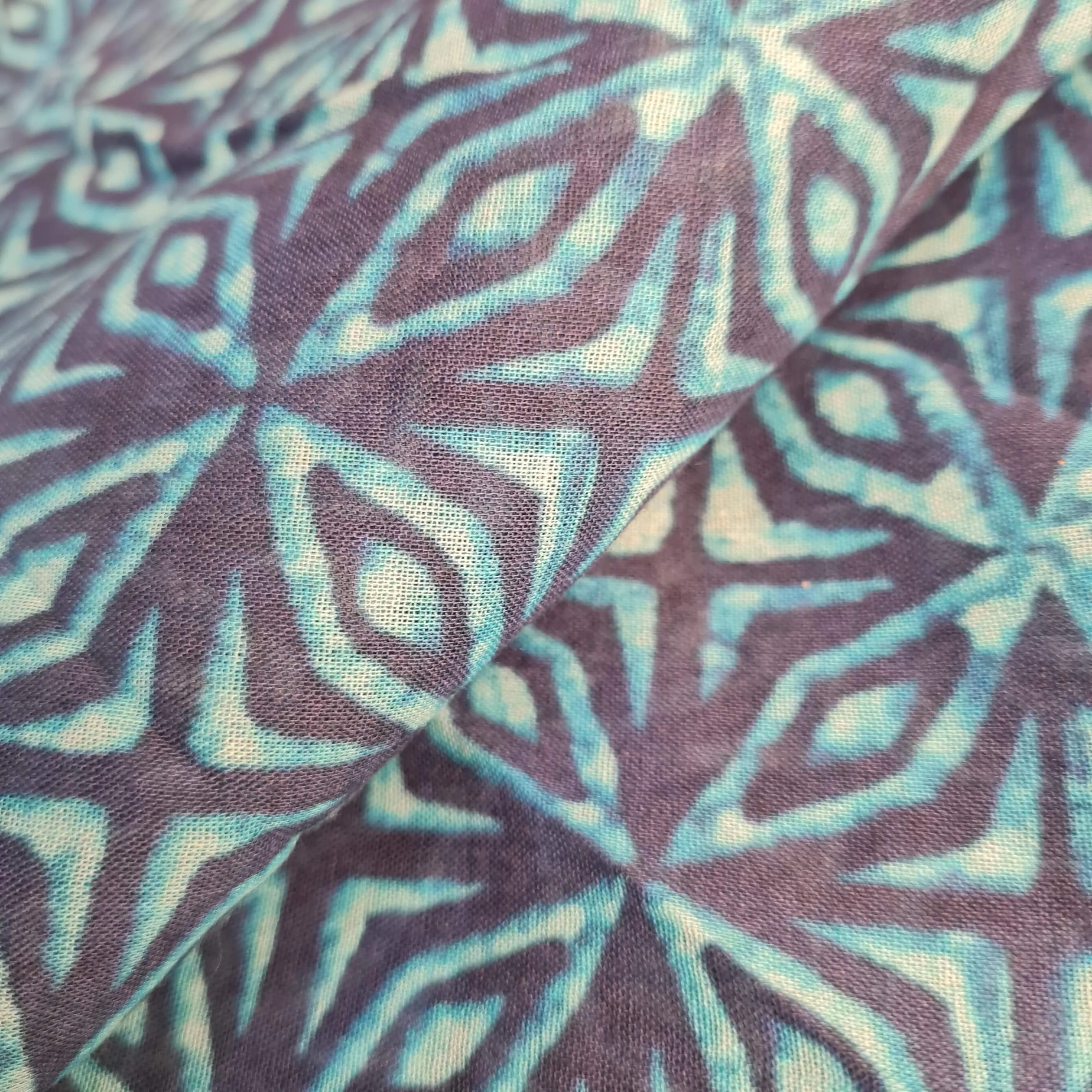 Premium Blue Indigo Geometrical Print Mulmul Fabric