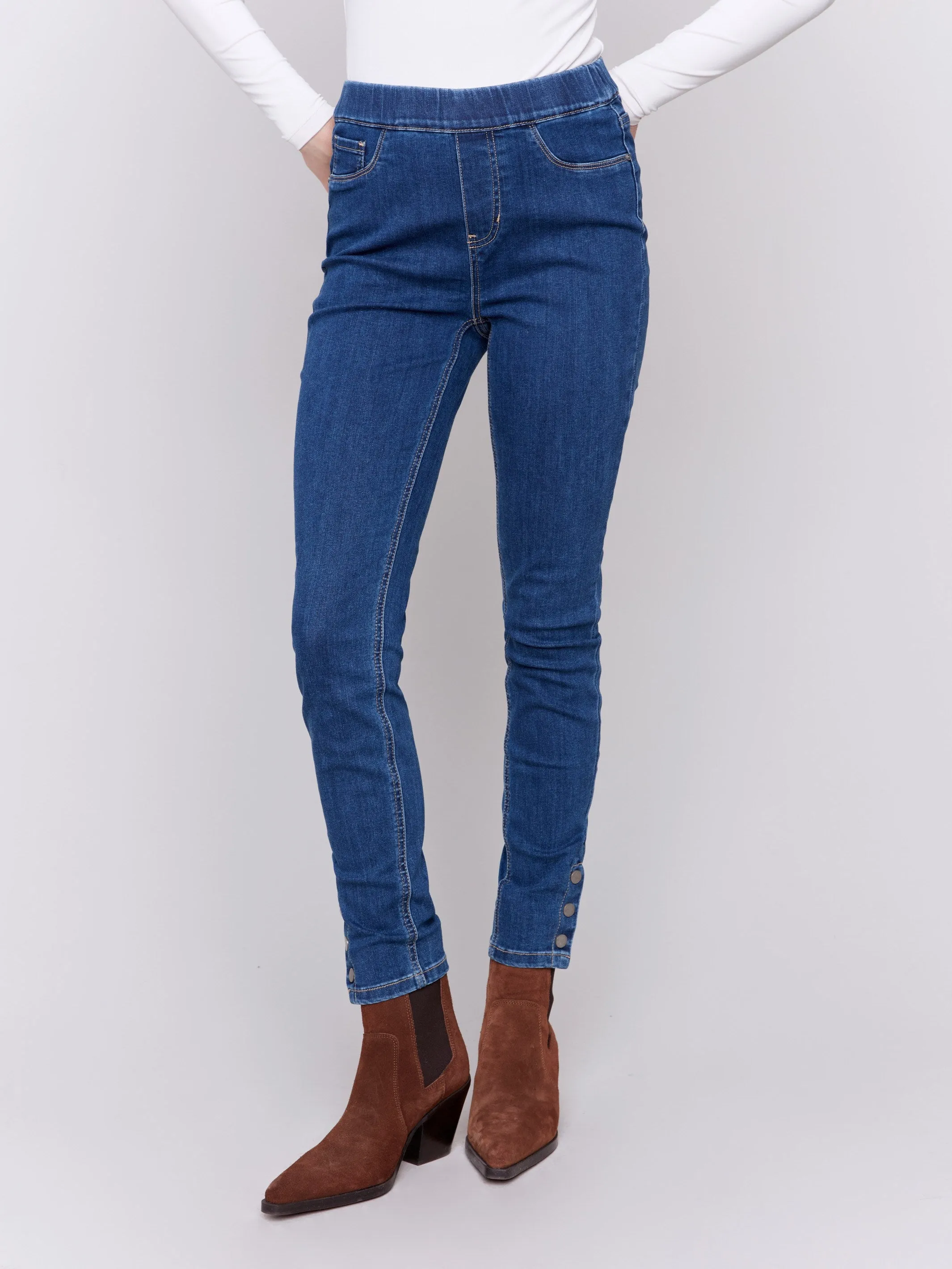 Pull-On Jeans with Snap Button Hem - Indigo