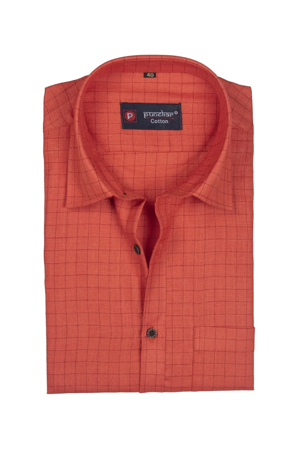 Punekar Cotton Orange Color Check Criss Cross Woven Cotton Shirt for Men's.