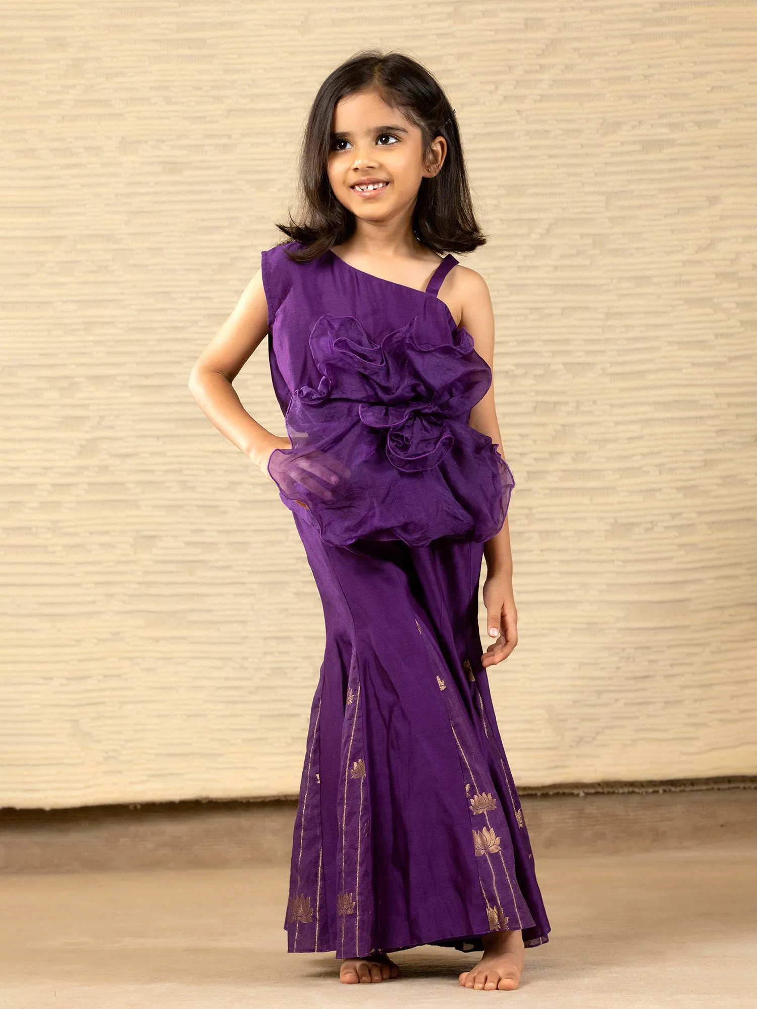 Purple Designer Chanderi Ethnic Top with Flared Pants for - Girls