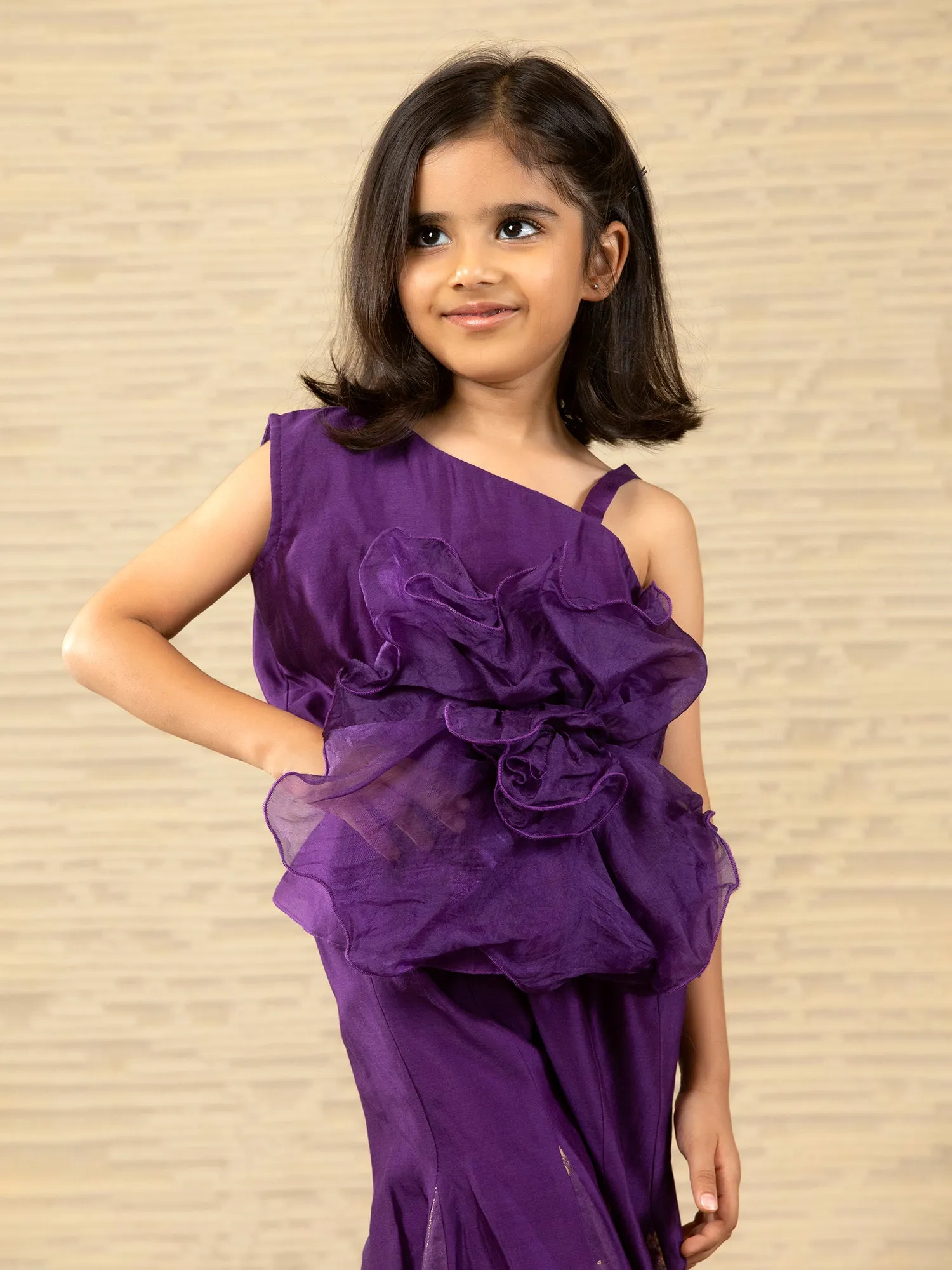 Purple Designer Chanderi Ethnic Top with Flared Pants for - Girls