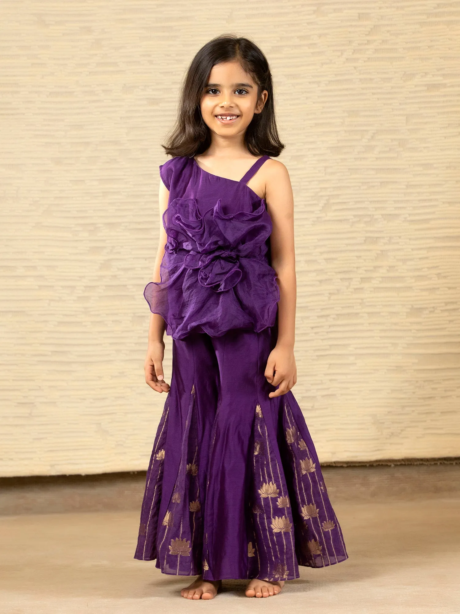 Purple Designer Chanderi Ethnic Top with Flared Pants for - Girls