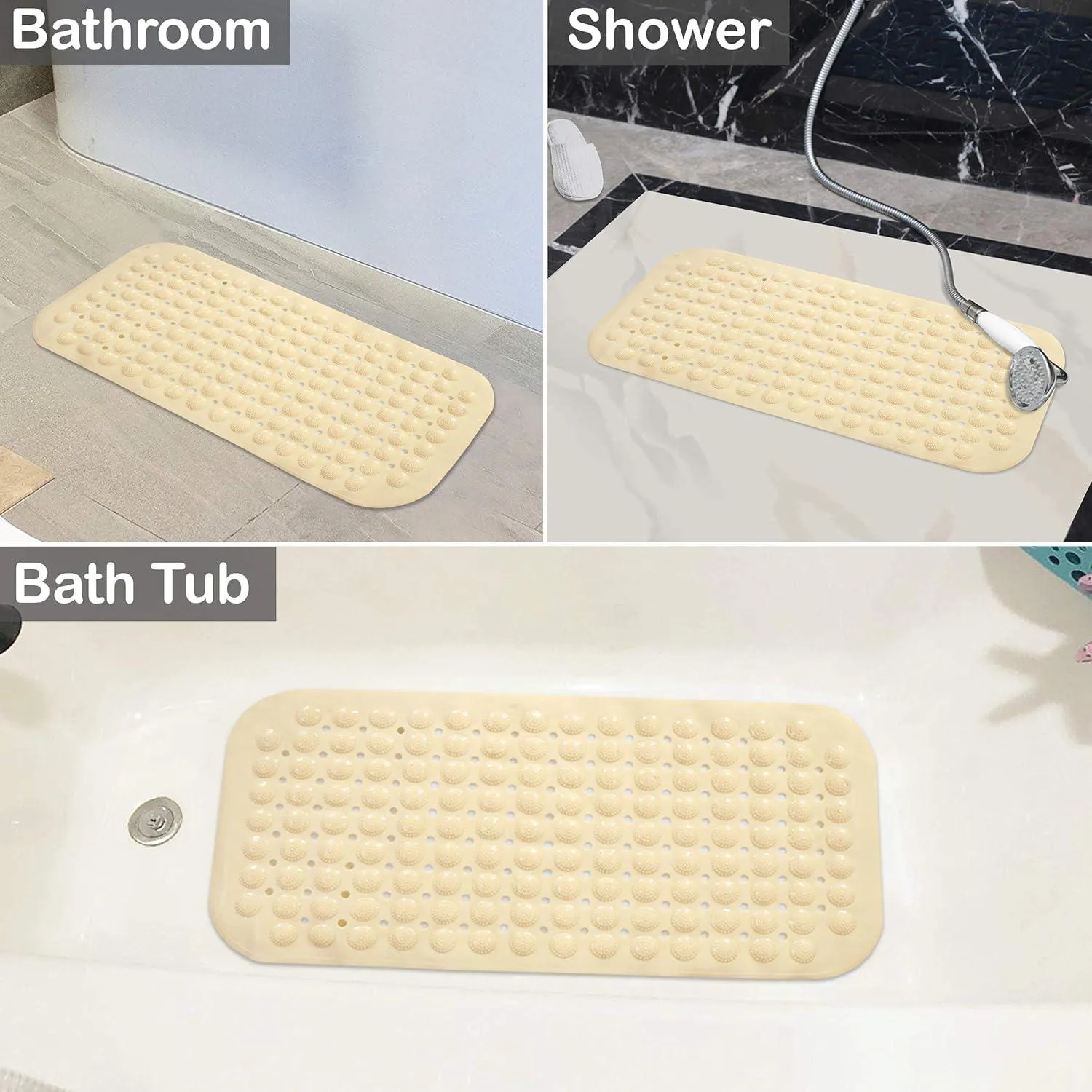 PVC Shower Mat Anti-Slip with Massage Acupressure Points, 36x71 cm, Beige