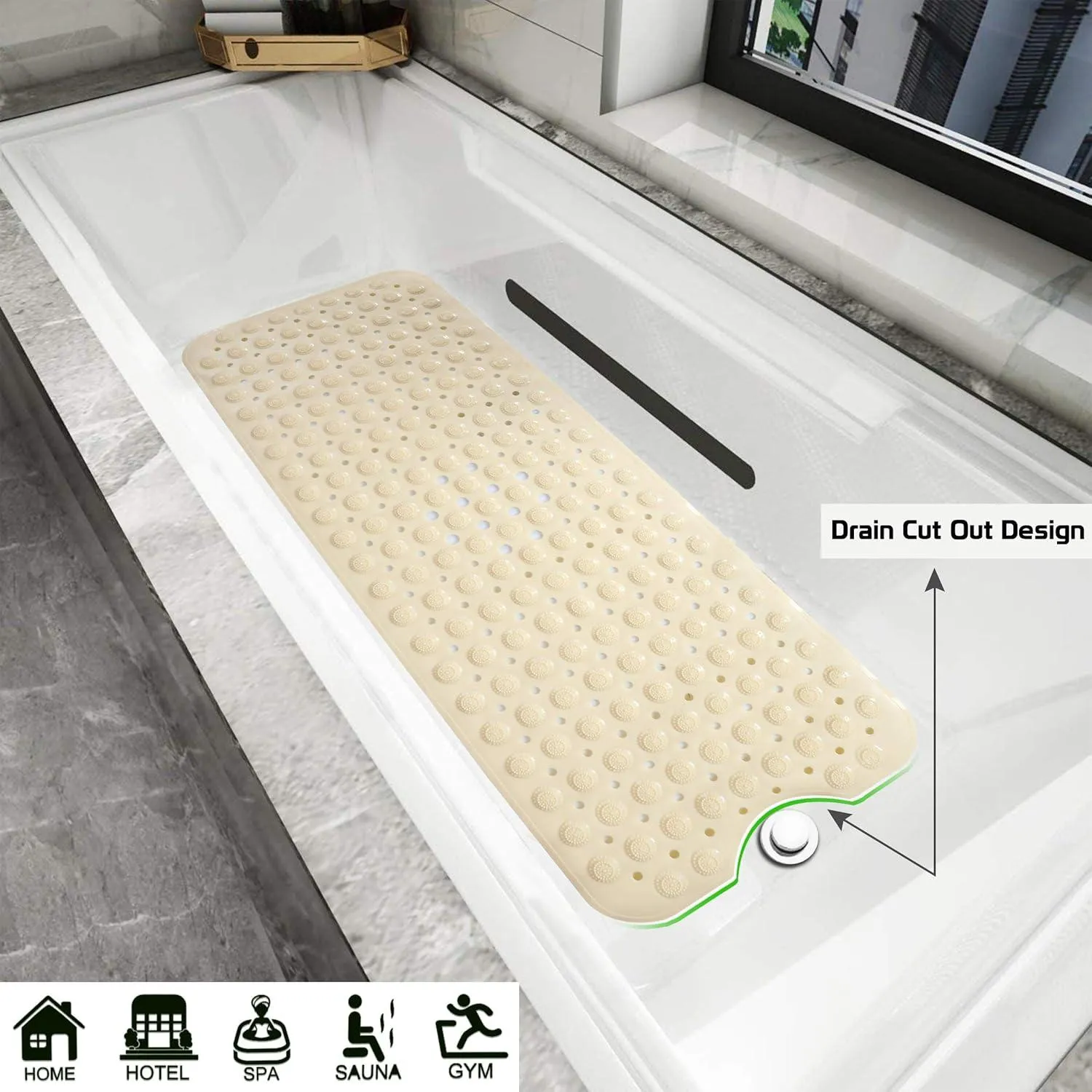 PVC Shower Mat Anti-Slip with Massage Acupressure Points, 40x100 cm, Beige