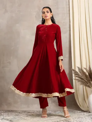 Red Velvet Flared Lace Kurta