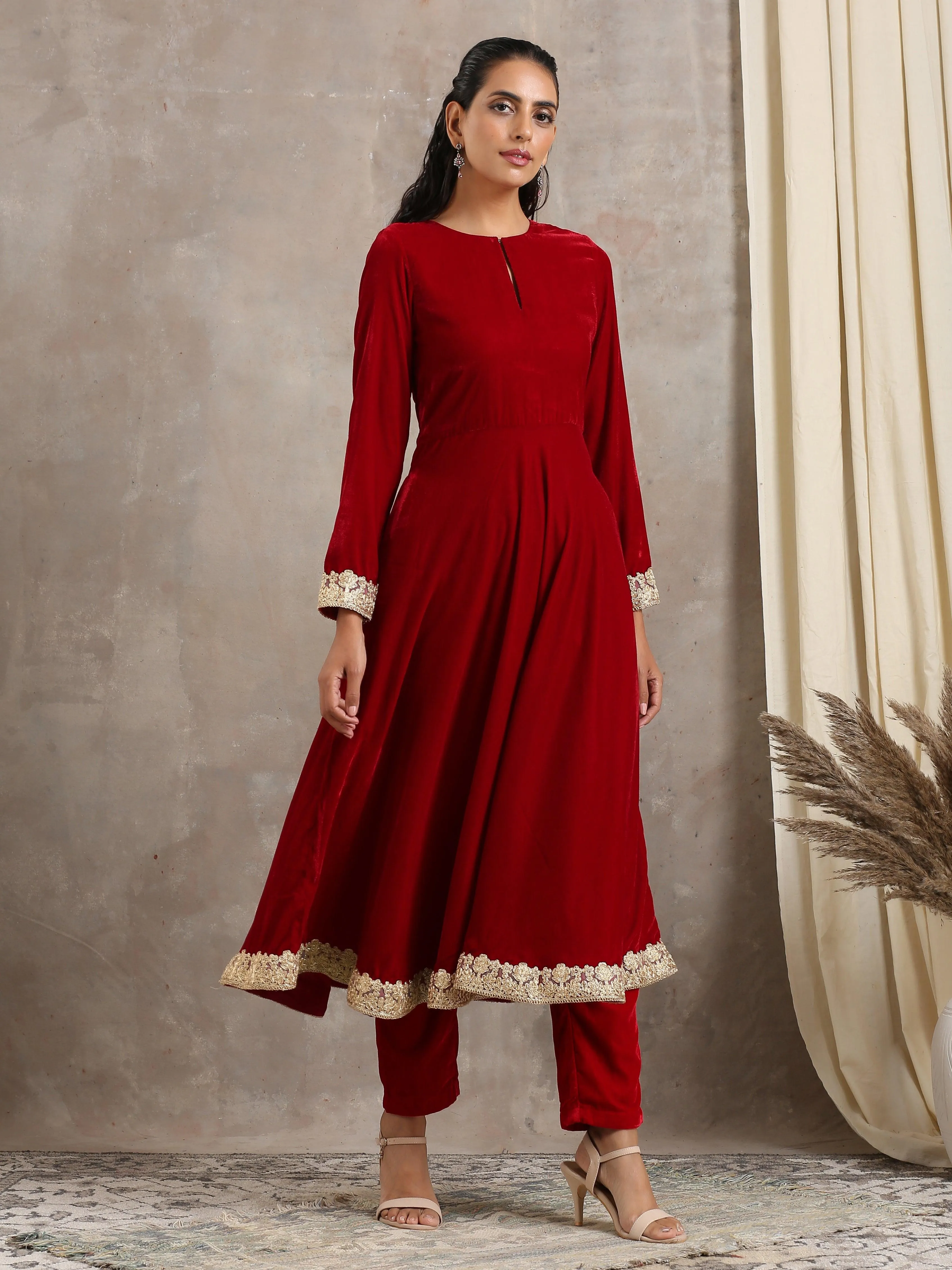 Red Velvet Flared Lace Kurta