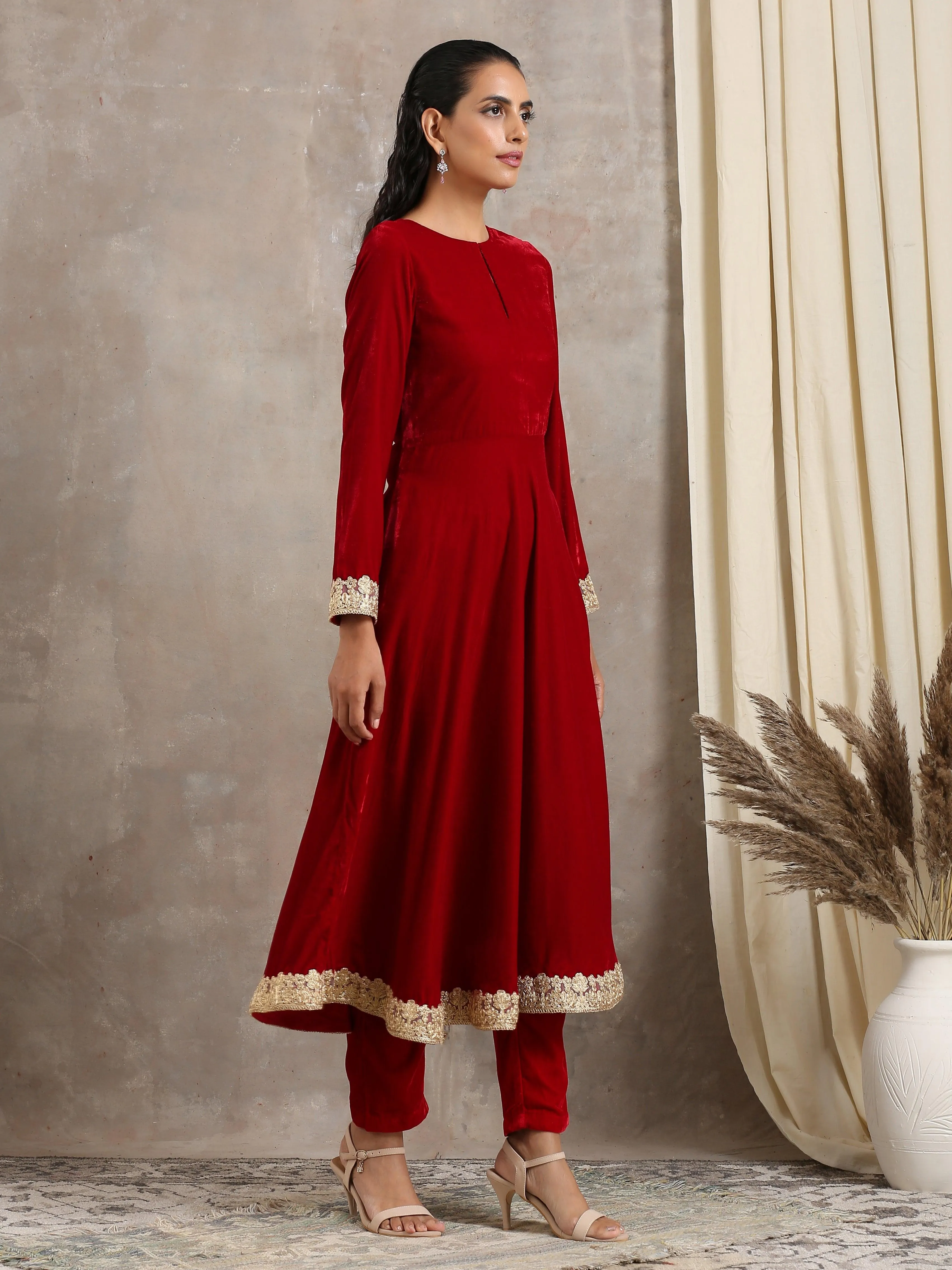 Red Velvet Flared Lace Kurta