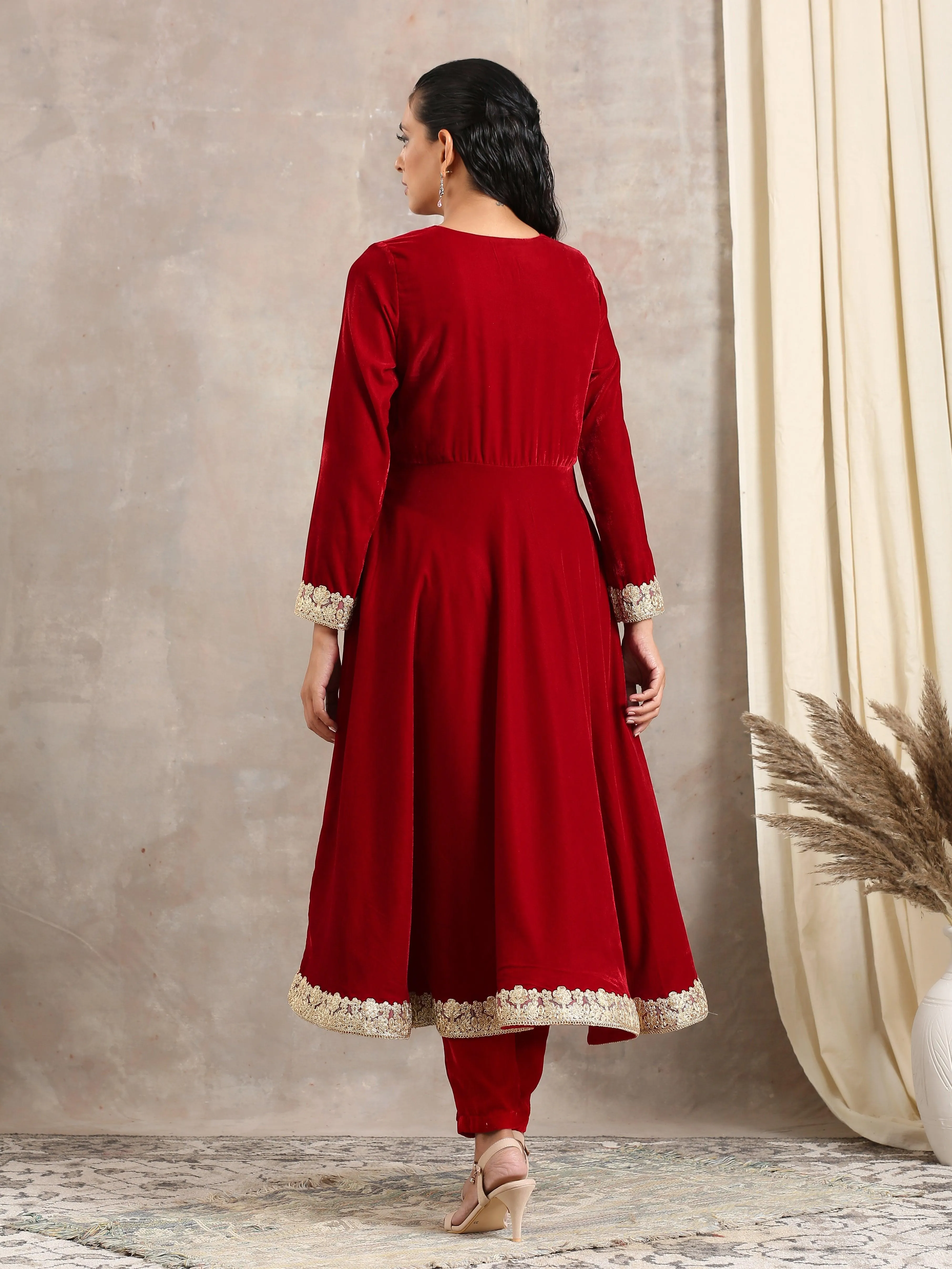 Red Velvet Flared Lace Kurta