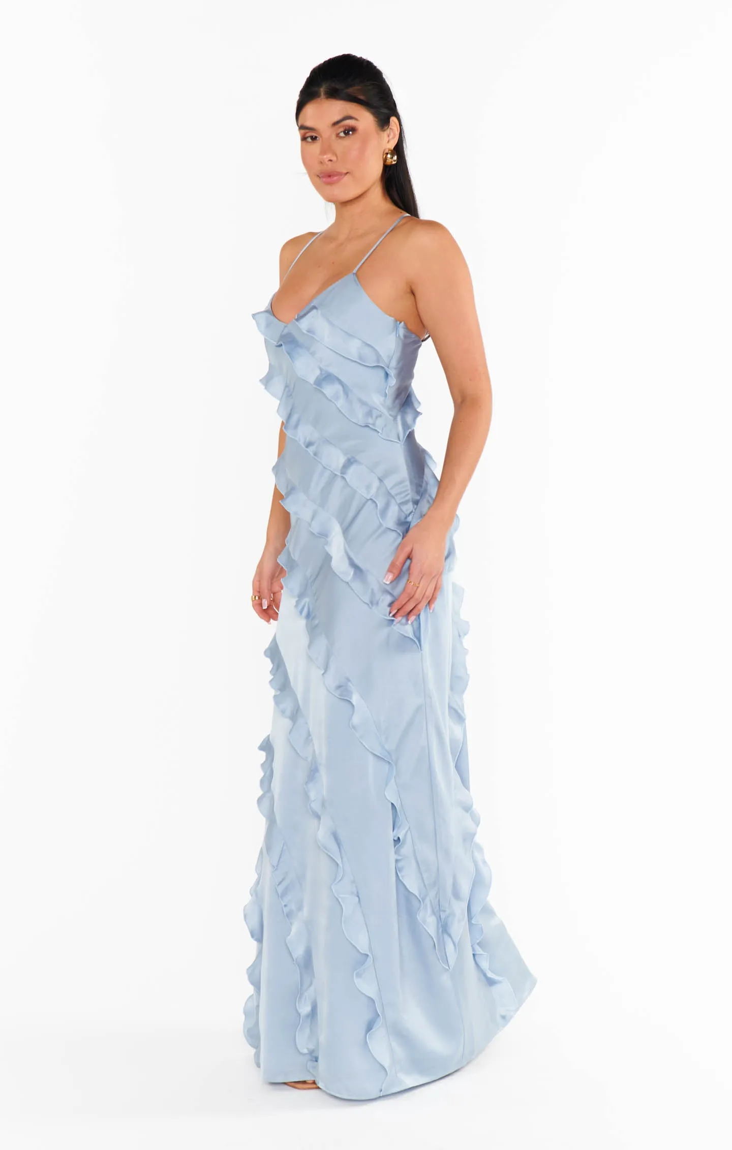 Romance Ruffle Dress ~ Steel Blue Luxe Satin