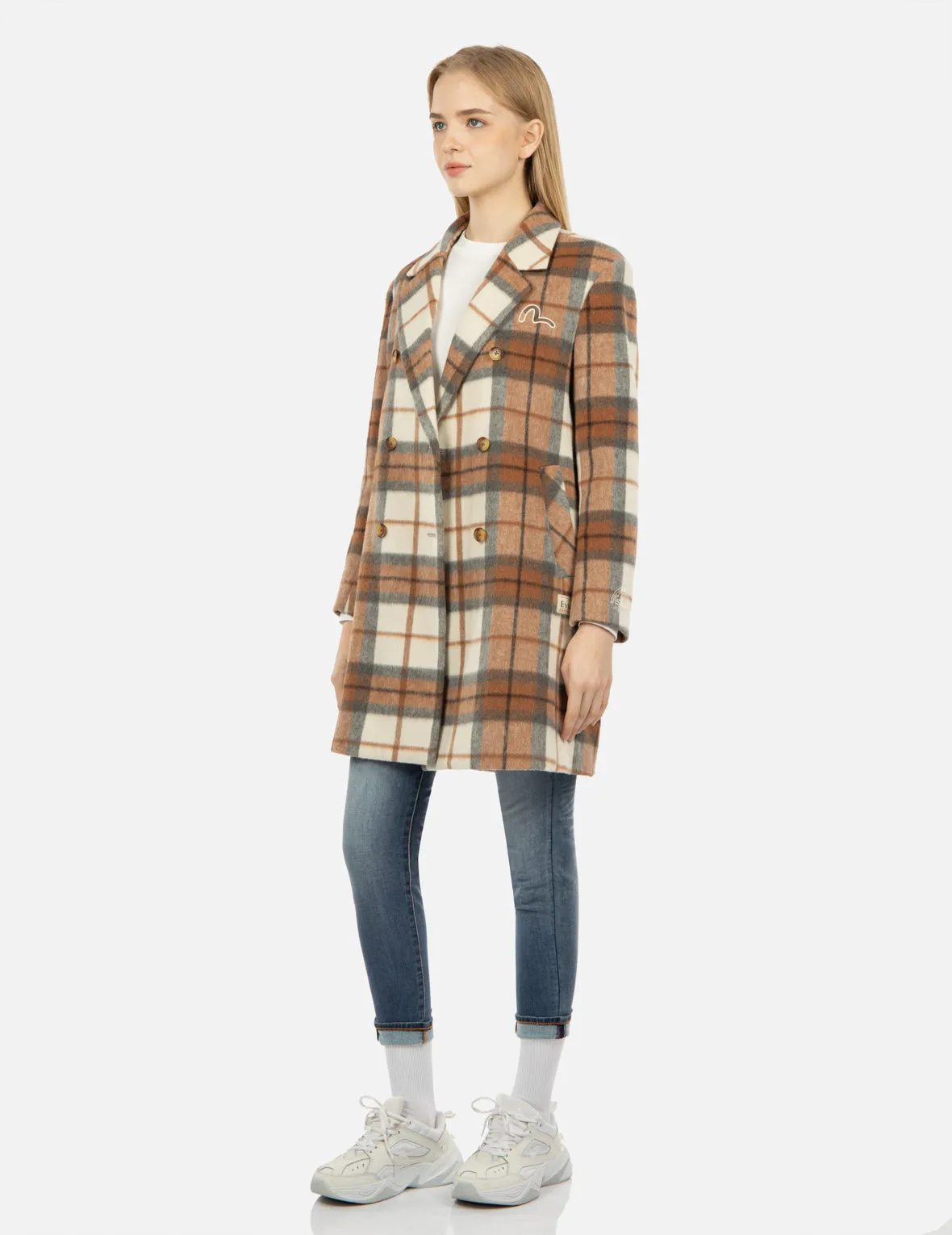 Seagull Embroidery Checked Wool-Blend Coat