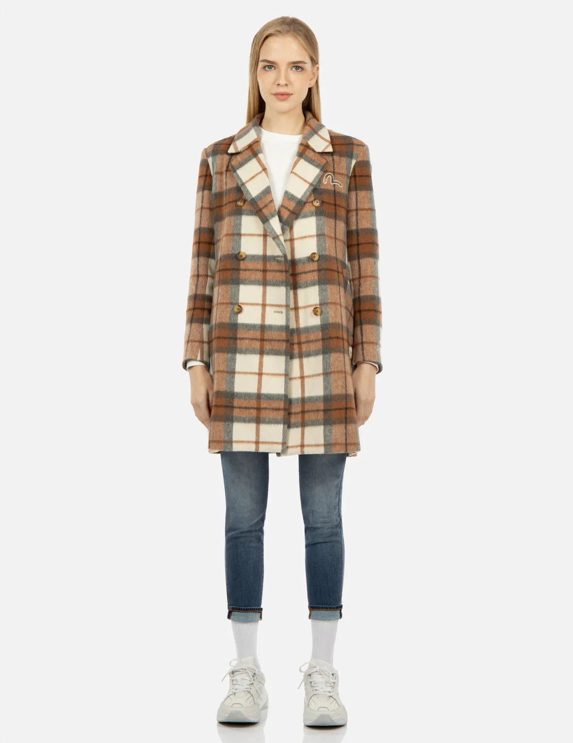 Seagull Embroidery Checked Wool-Blend Coat