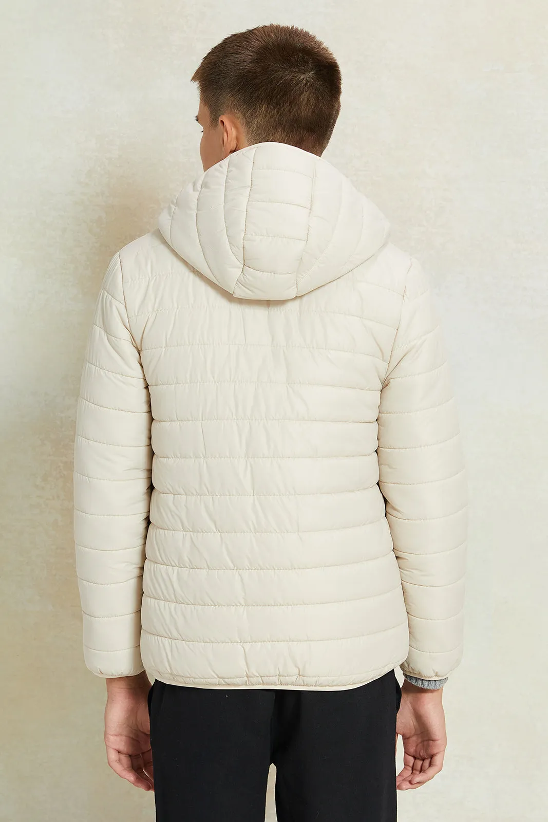 Senior Boys Beige Puffer Jacket With Sherpa Lining