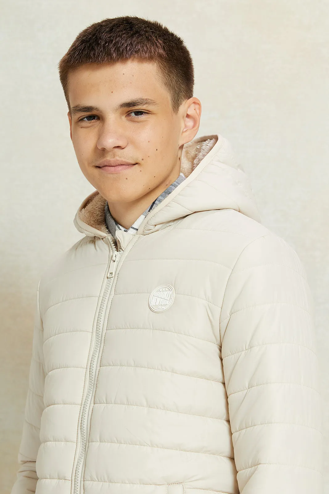 Senior Boys Beige Puffer Jacket With Sherpa Lining