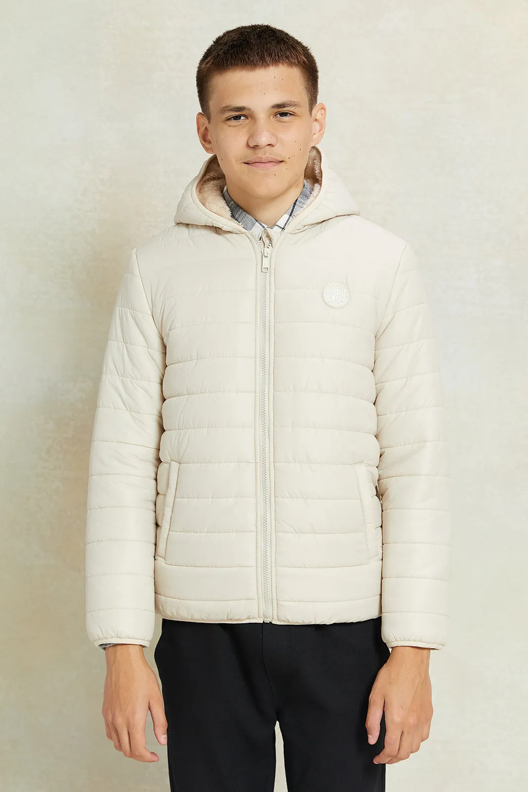 Senior Boys Beige Puffer Jacket With Sherpa Lining