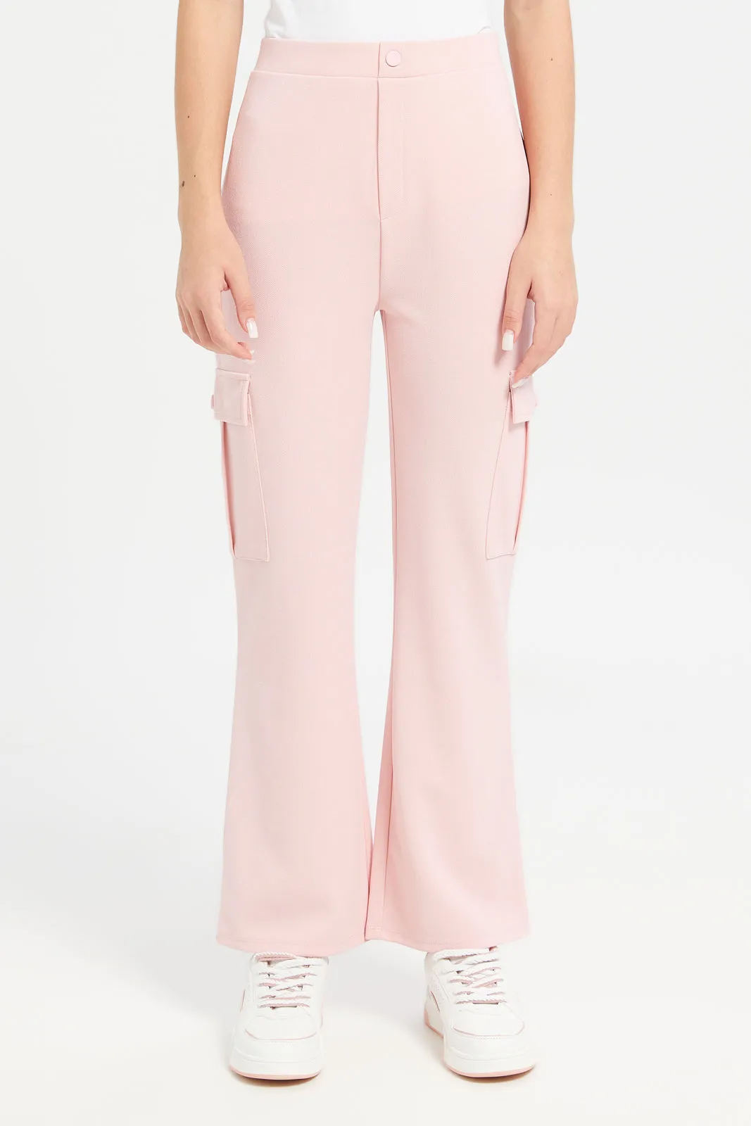 Senior Girls Pink Cargo Pocket Flared Hem Twill Pants