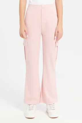 Senior Girls Pink Cargo Pocket Flared Hem Twill Pants