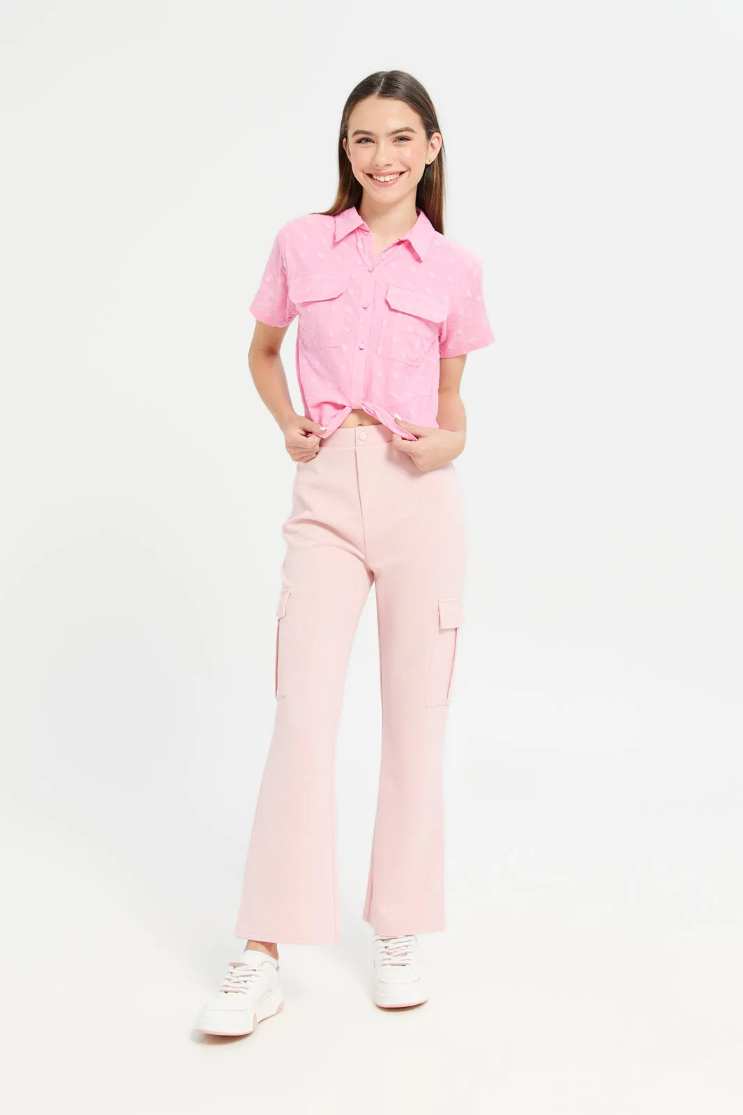 Senior Girls Pink Cargo Pocket Flared Hem Twill Pants