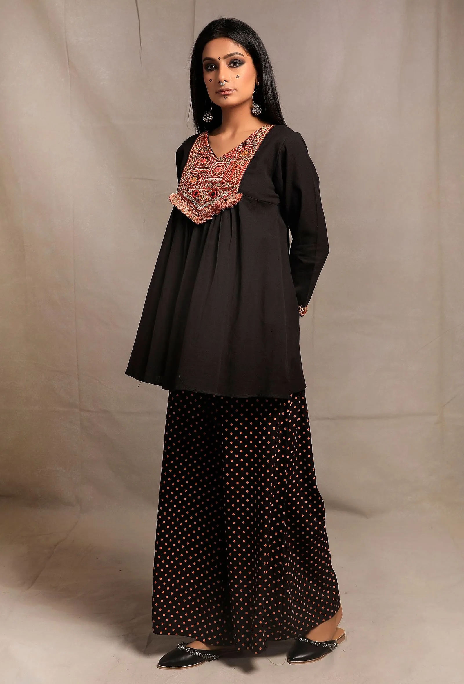 Set of 2: Black Front Embroidered Gathered Short Kurta with Black Hand Block Printed palazzo Pants