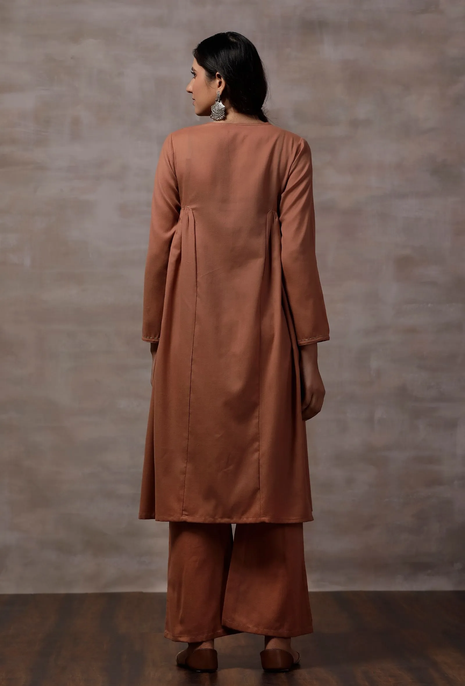 Set of 2 : Taupe Gathered Cashmilon Kurta with Taupe Flared Pants