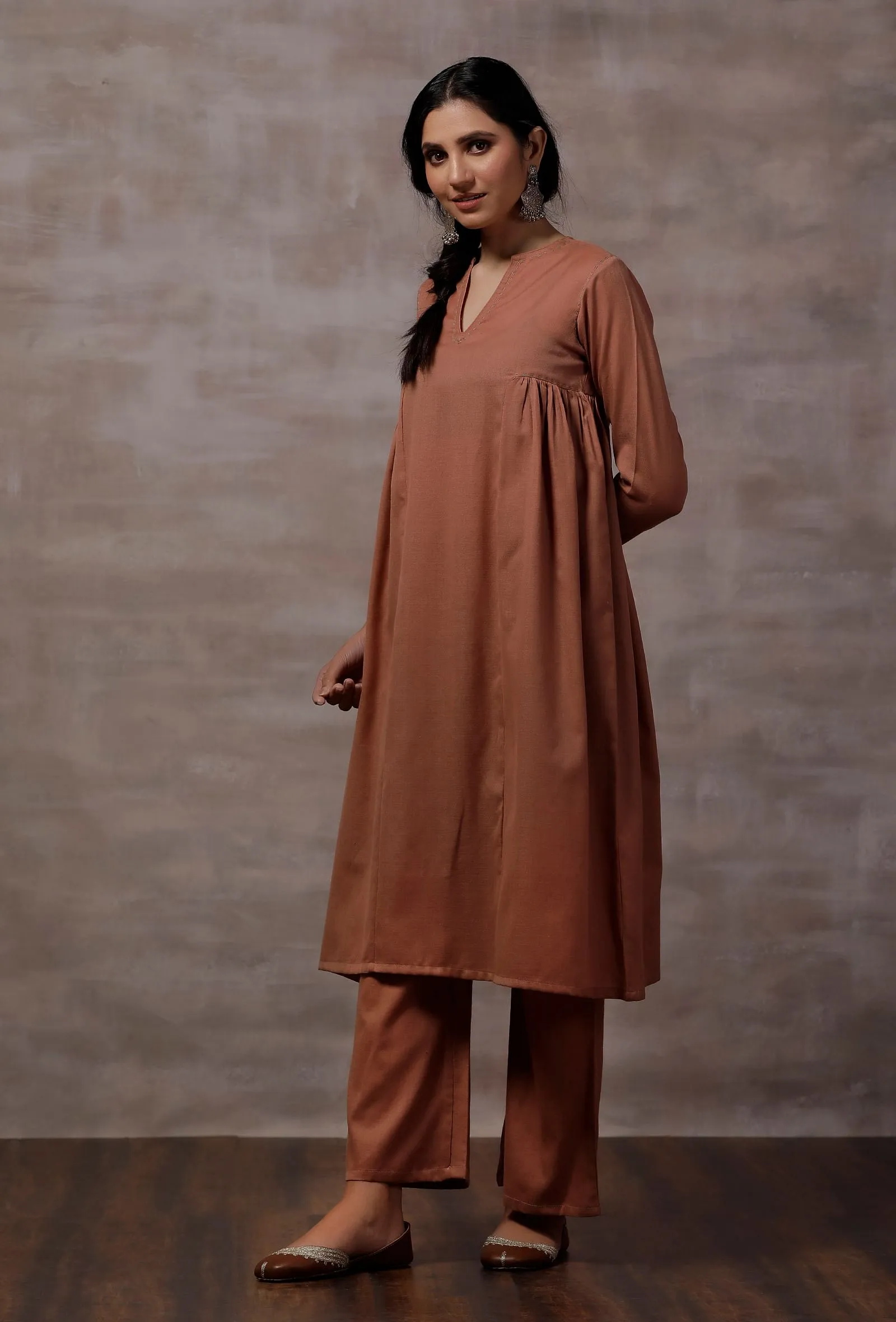 Set of 2 : Taupe Gathered Cashmilon Kurta with Taupe Flared Pants