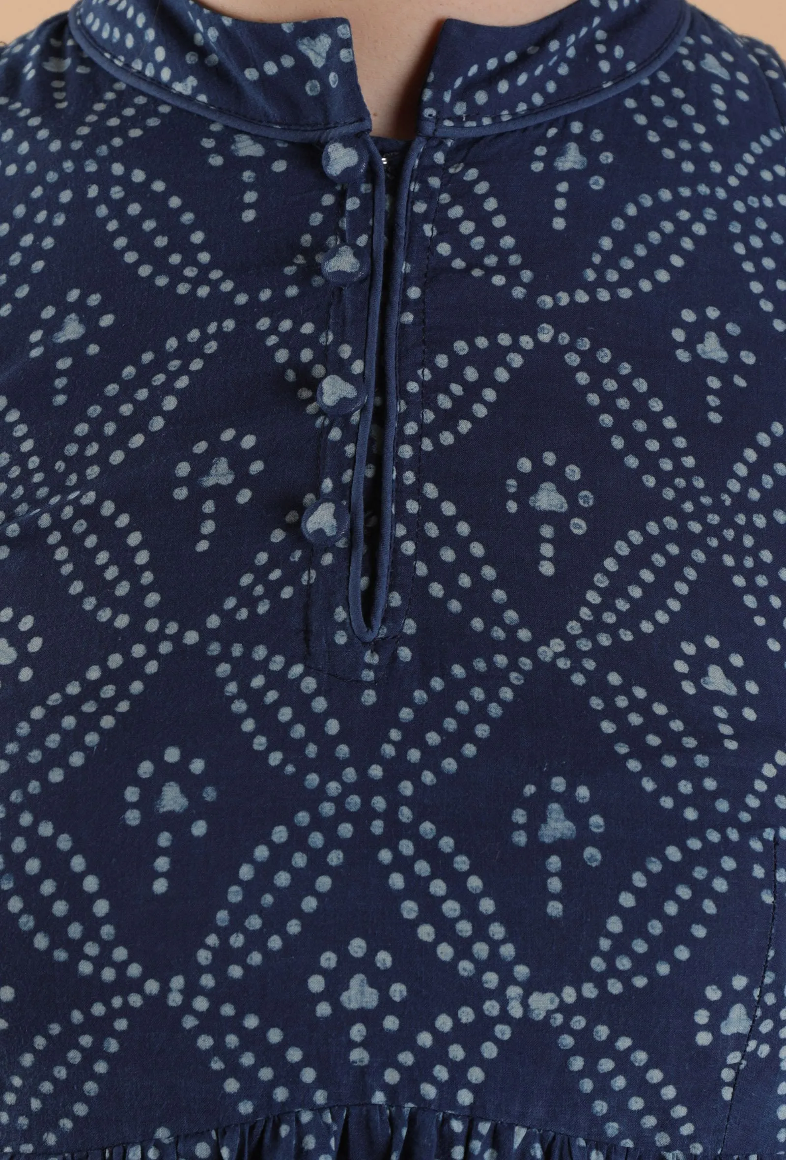 Set Of 2:Eesha Indigo Jaal Print Bandhgala Kurta Dress & Kalidar Palazzo Pants