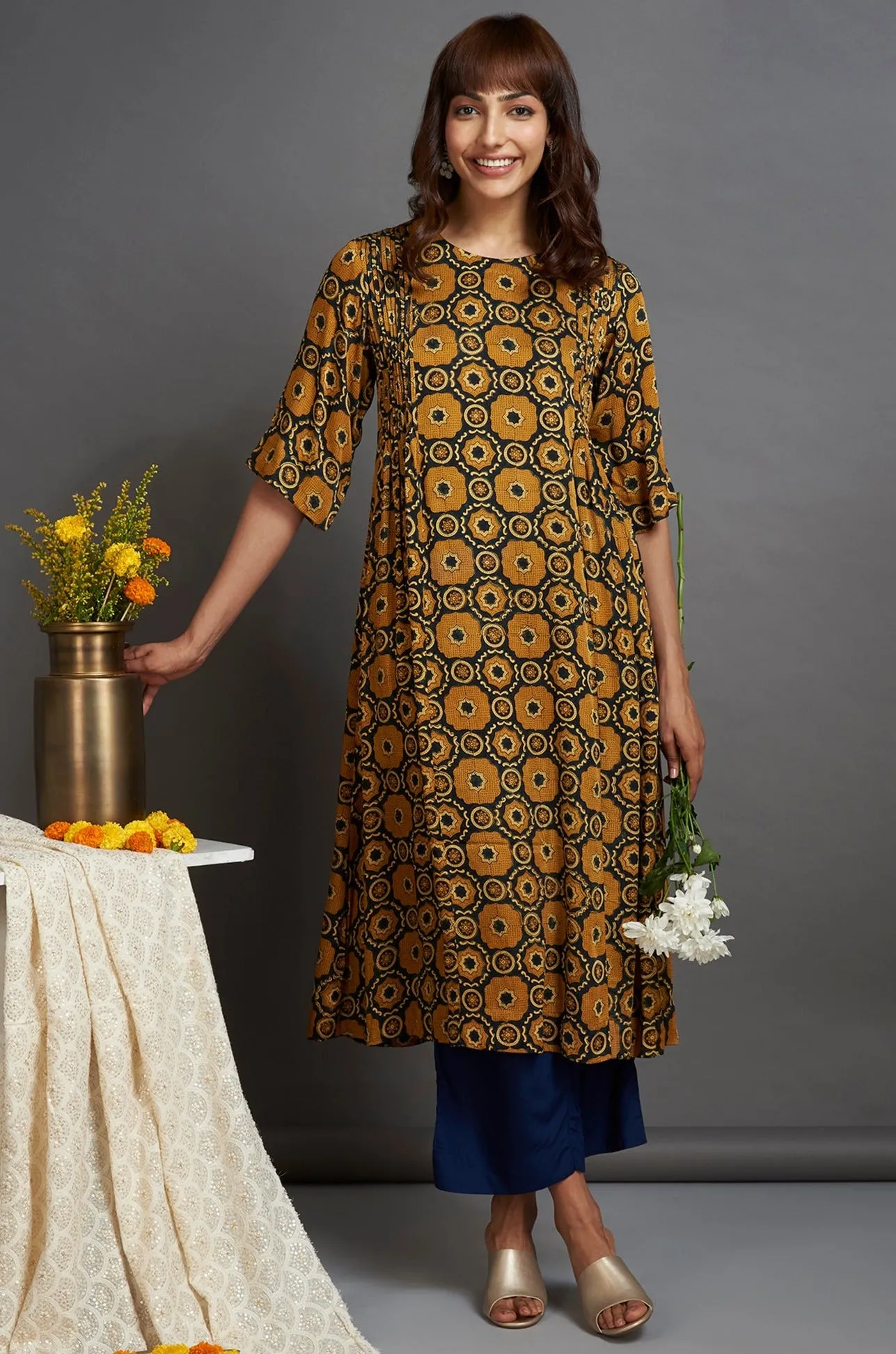 silk modal pintuck a-line kurta - ravishing rhubarb & sappire gold