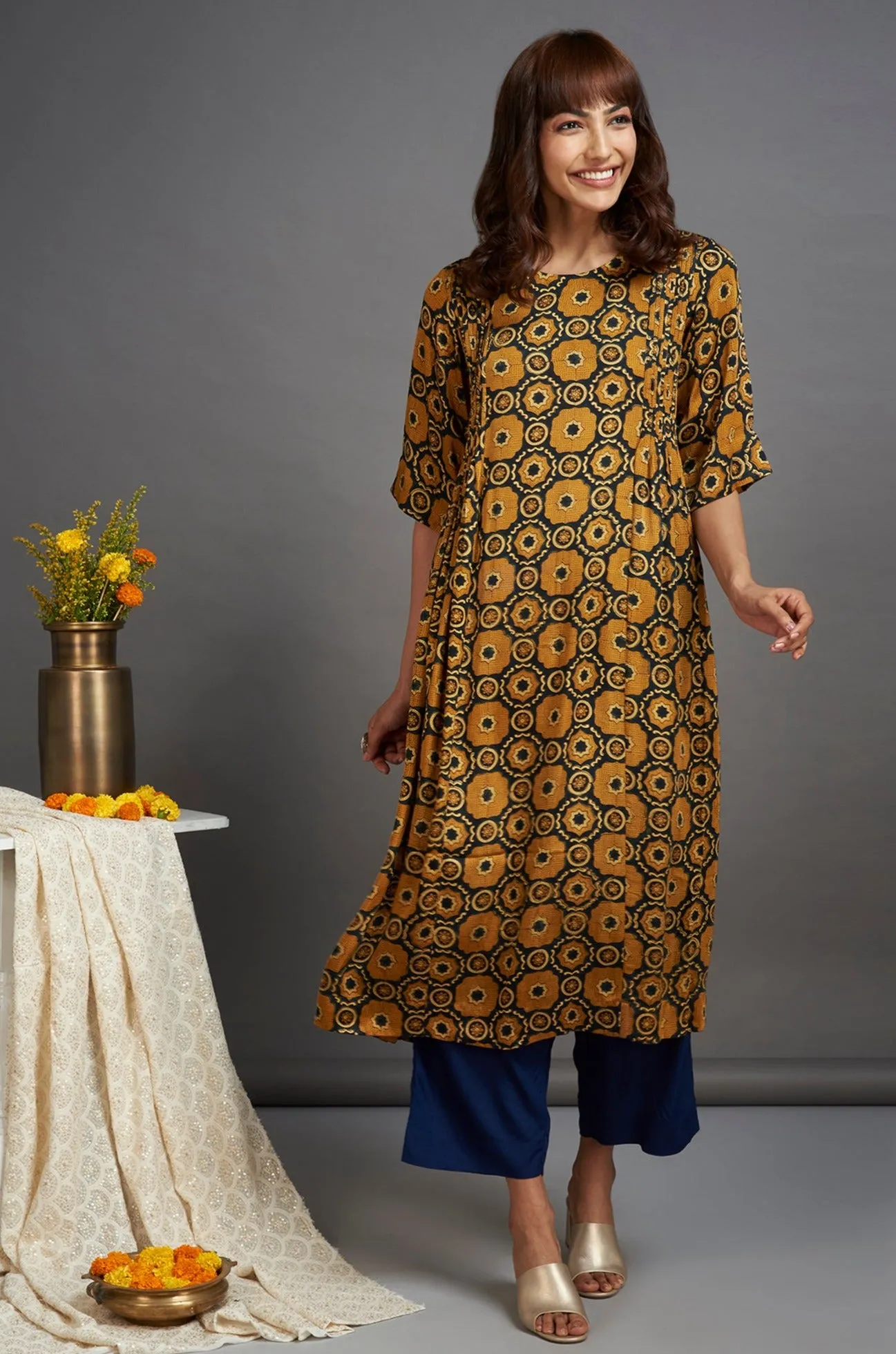 silk modal pintuck a-line kurta - ravishing rhubarb & sappire gold