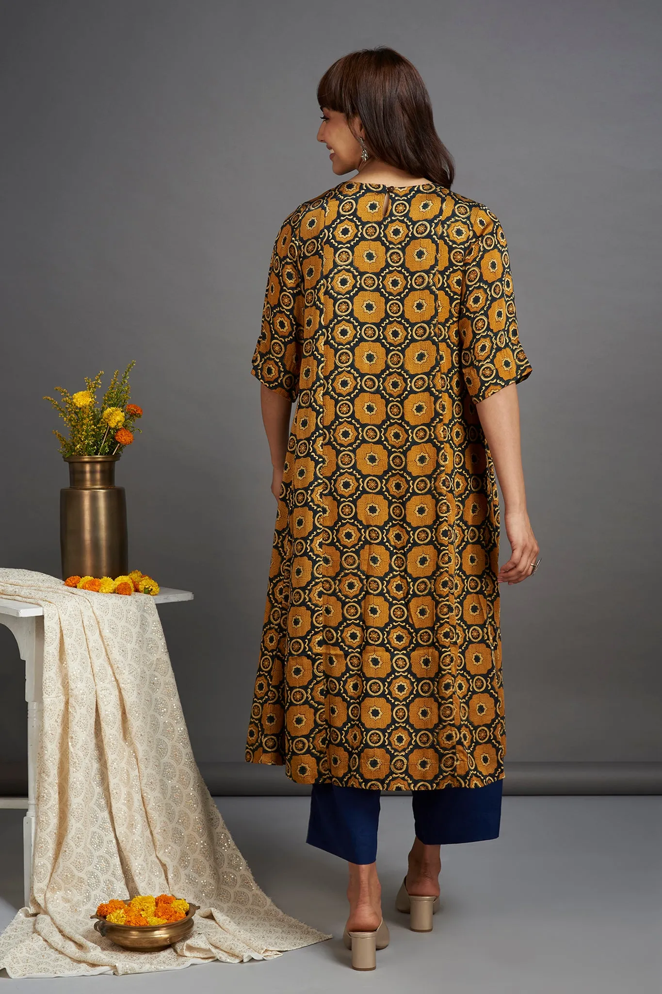 silk modal pintuck a-line kurta - ravishing rhubarb & sappire gold