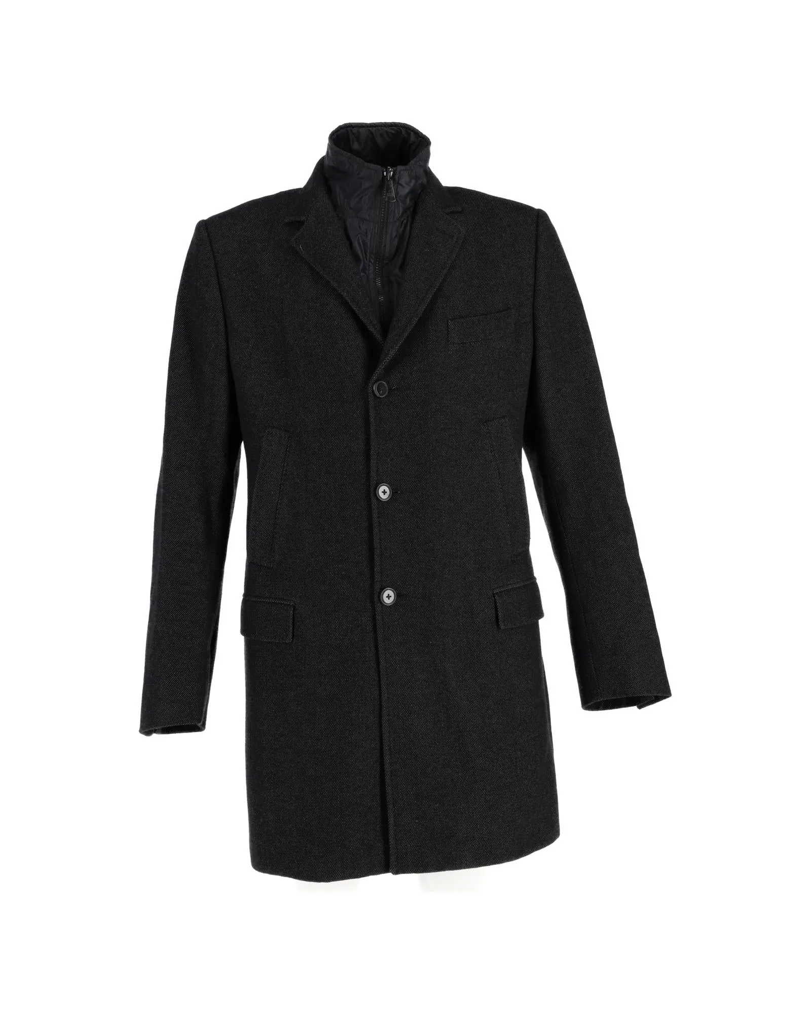 Single-Breasted Layer Effect Wool Coat with Pockets