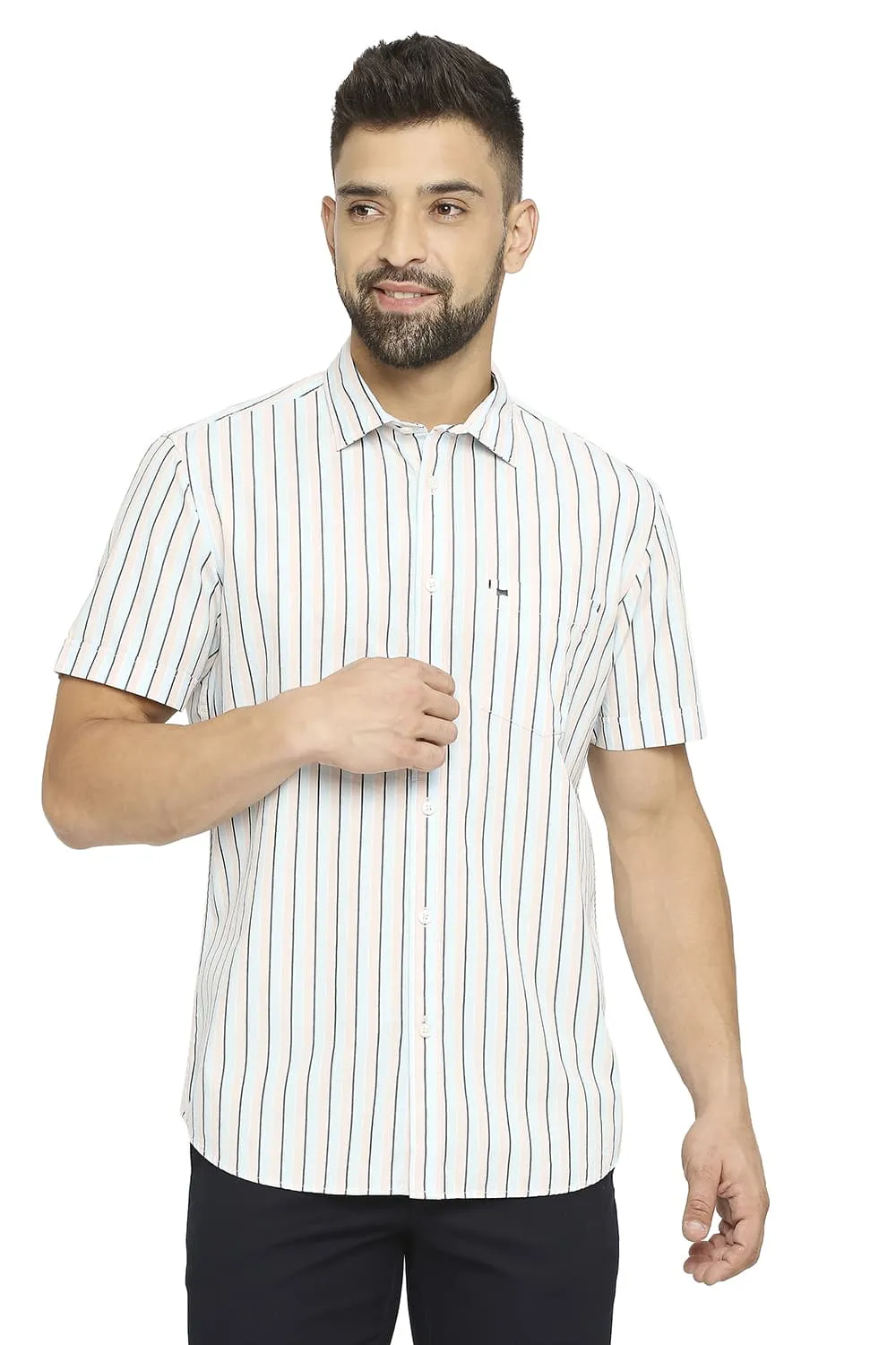 Slim Fit Cotton Polyester Stripe Halfsleeves Shirt