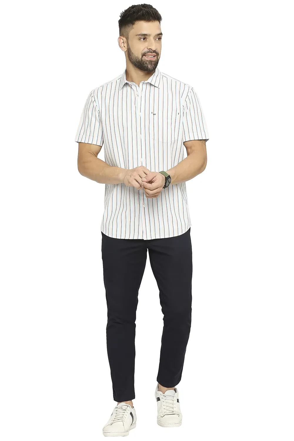 Slim Fit Cotton Polyester Stripe Halfsleeves Shirt