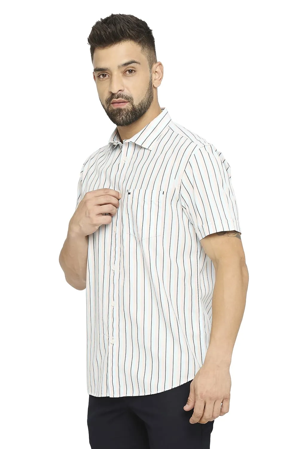 Slim Fit Cotton Polyester Stripe Halfsleeves Shirt