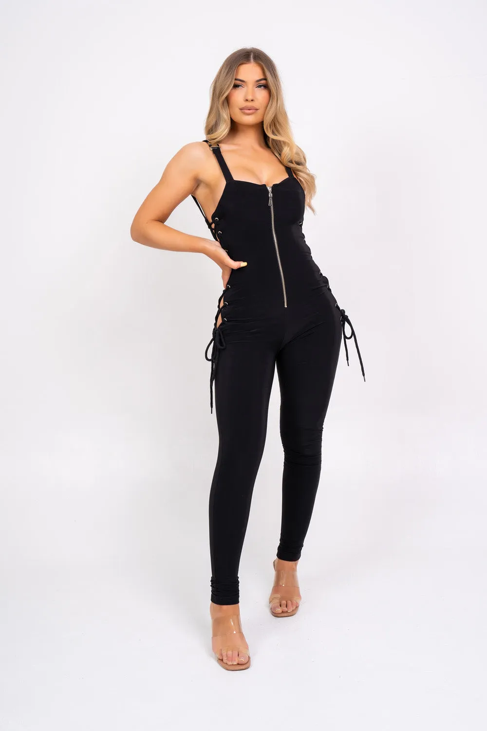 Snatched Black Sculpted Cut Out Rope Tie Side Jumpsuit Romper