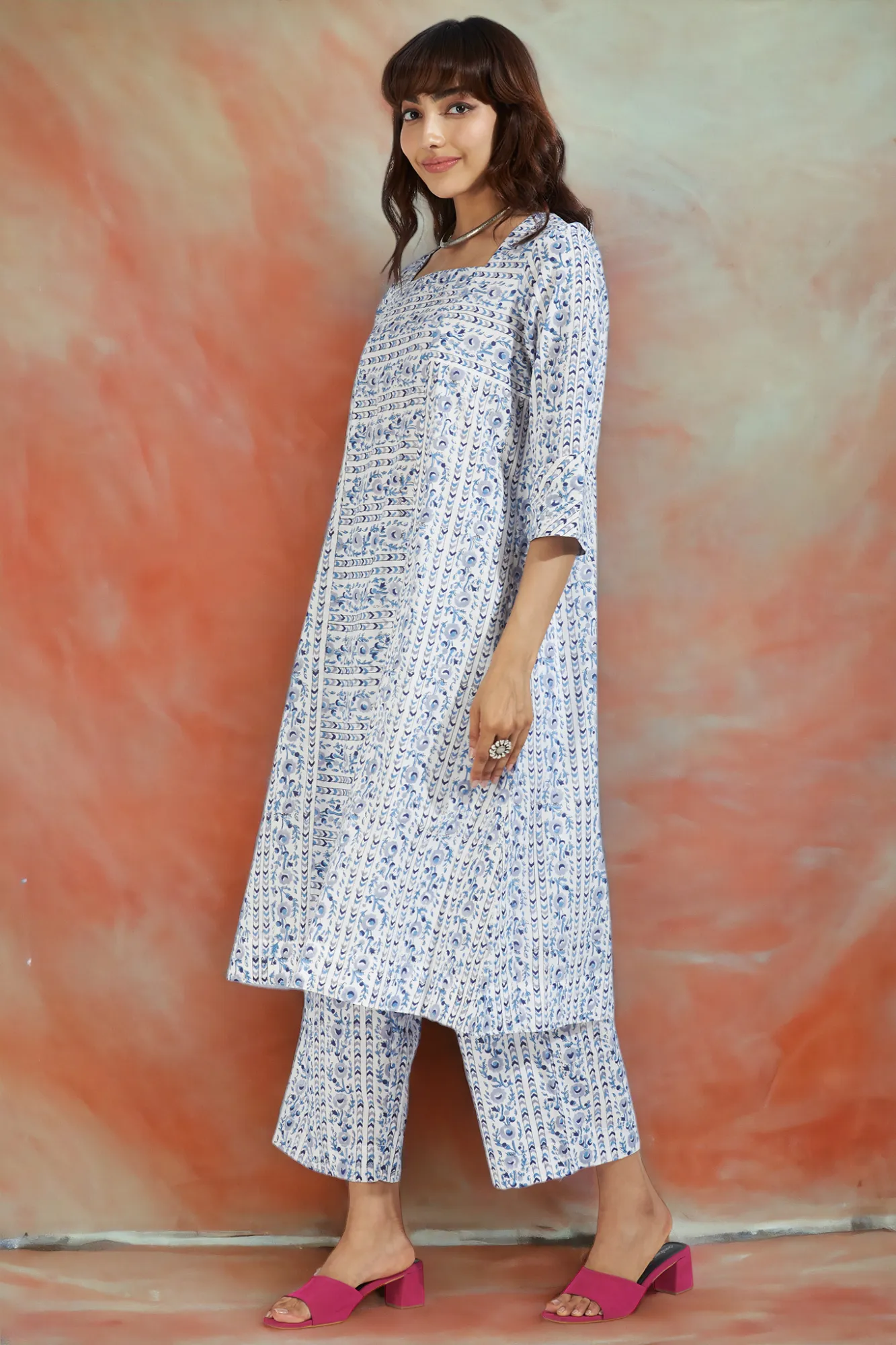 square neck paneled kurta - whispering skyline & azure bloom