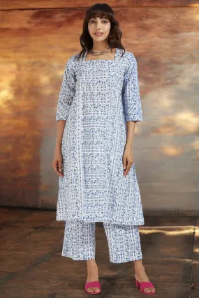 square neck paneled kurta - whispering skyline & azure bloom