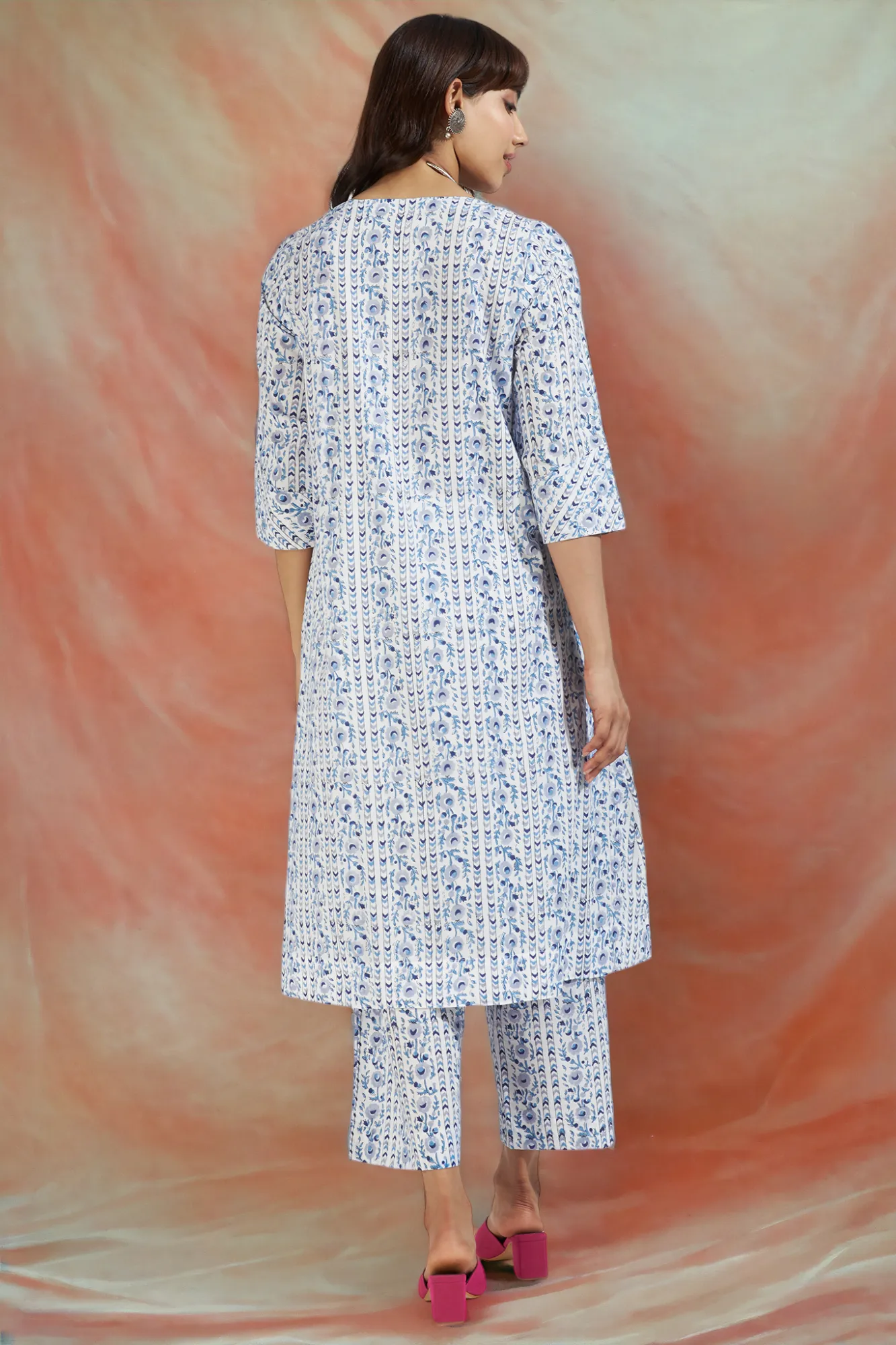 square neck paneled kurta - whispering skyline & azure bloom